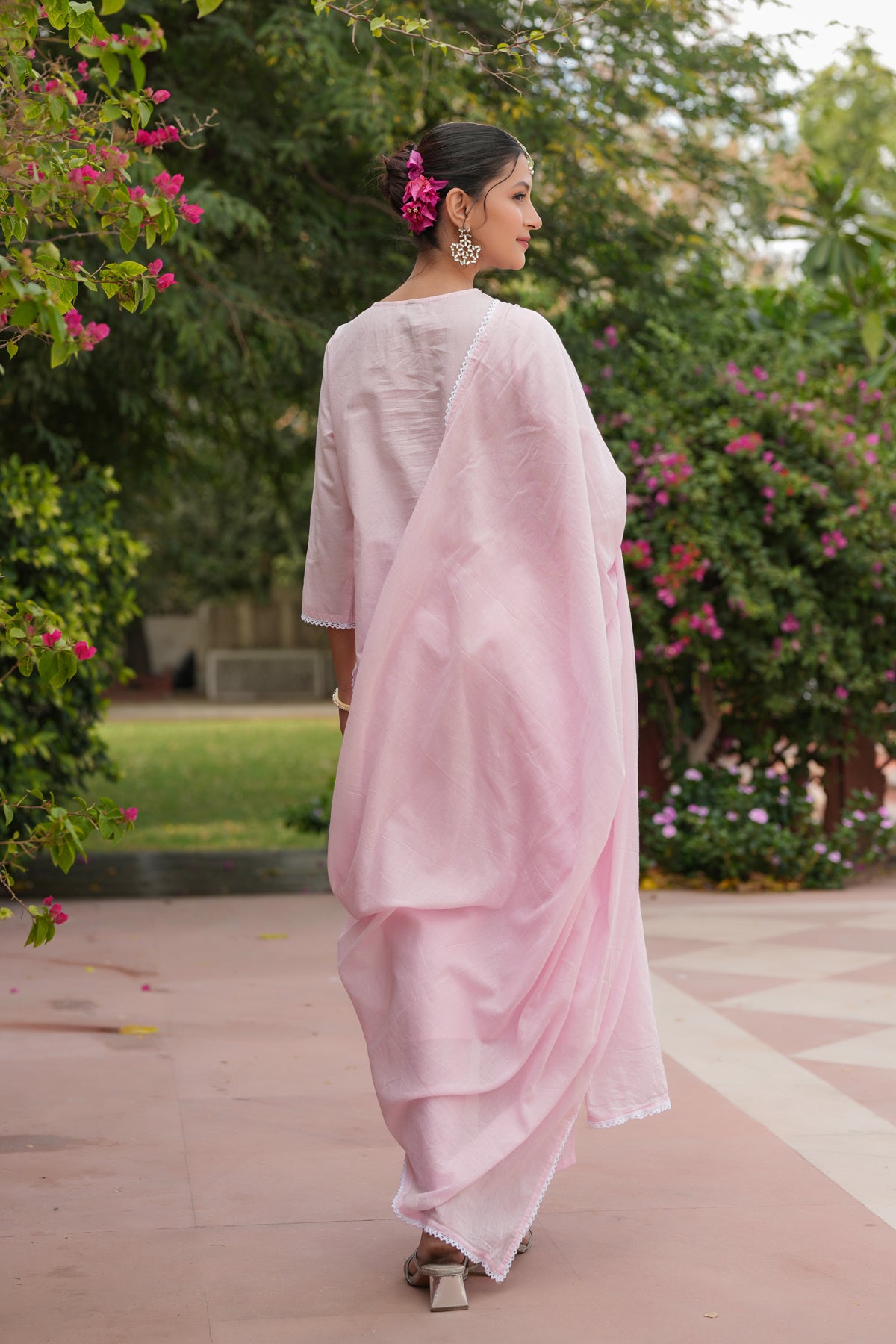 Pink Cotton Cambric Chikankari Embroidered Straight Suit Set