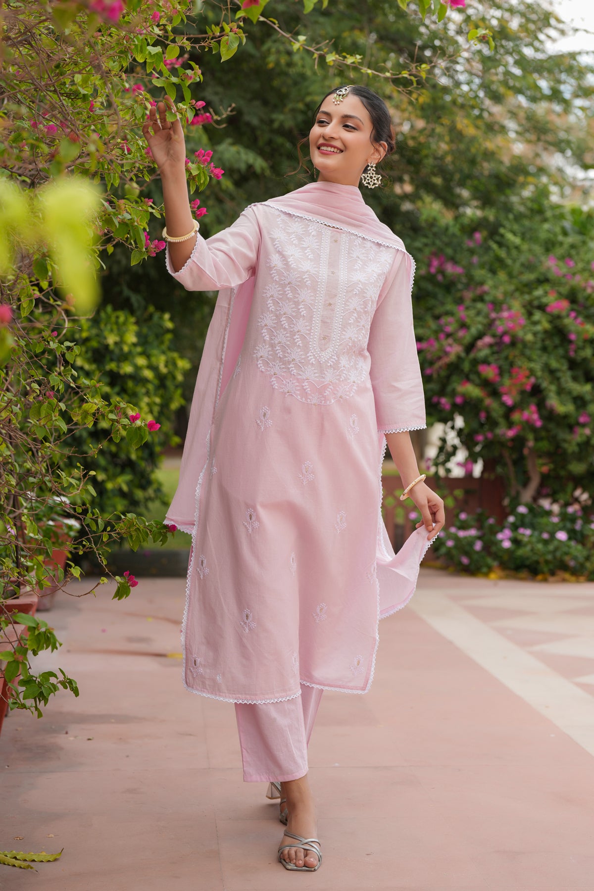 Pink Cotton Cambric Chikankari Embroidered Straight Suit Set