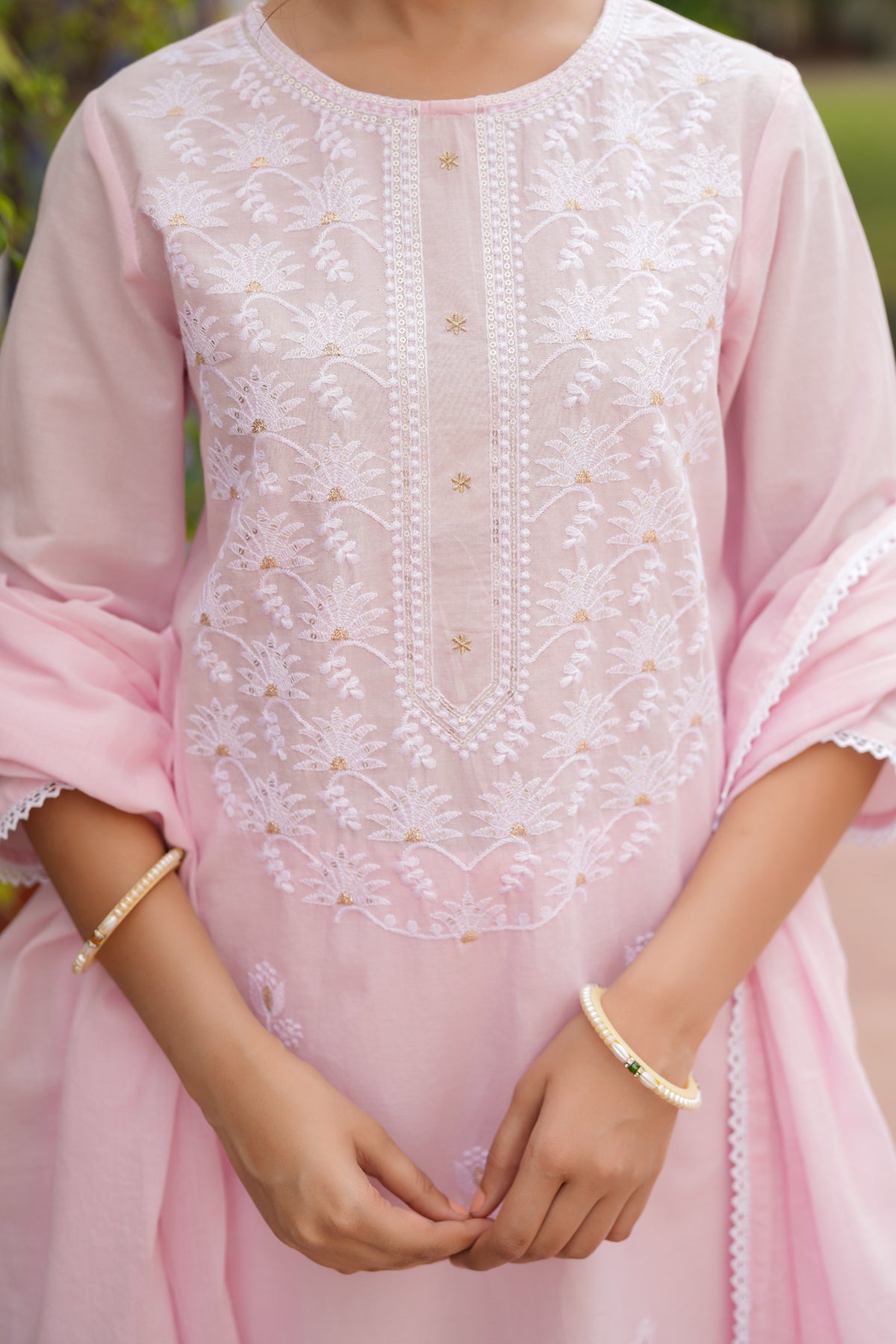 Pink Cotton Cambric Chikankari Embroidered Straight Suit Set