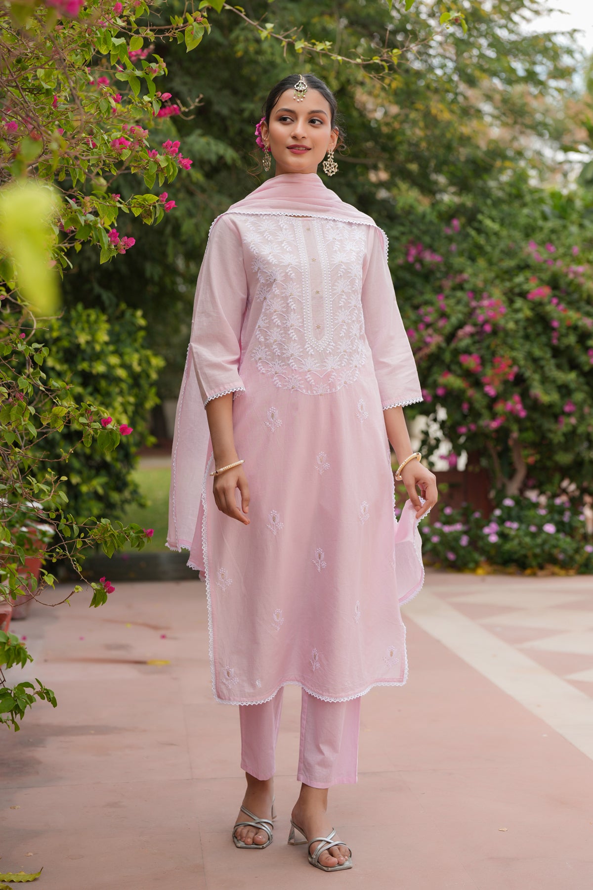 Pink Cotton Cambric Chikankari Embroidered Straight Suit Set