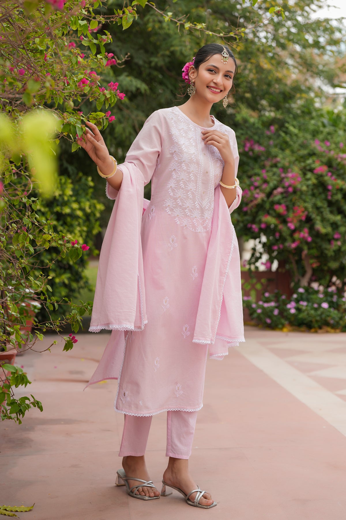 Pink Cotton Cambric Chikankari Embroidered Straight Suit Set