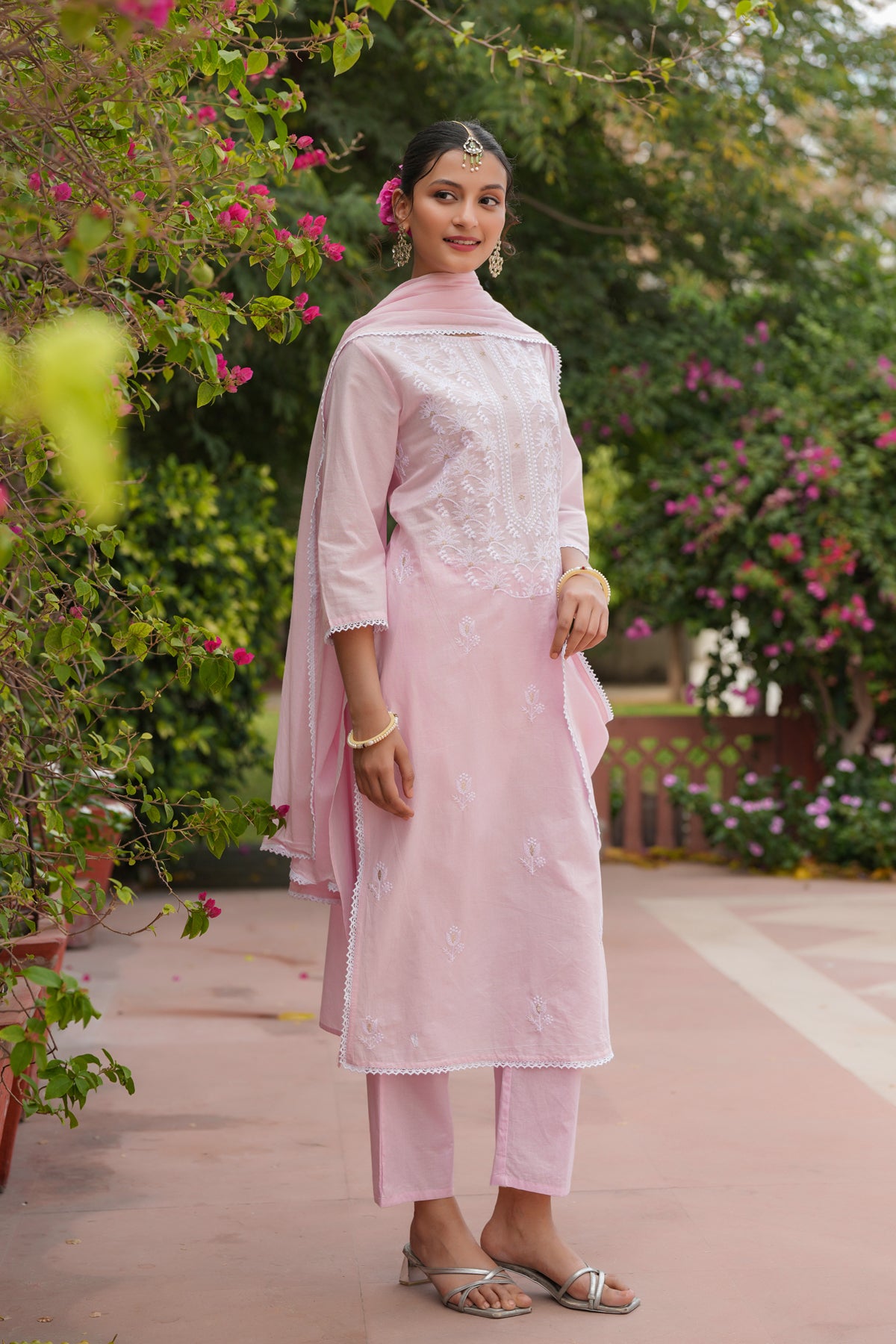 Pink Cotton Cambric Chikankari Embroidered Straight Suit Set