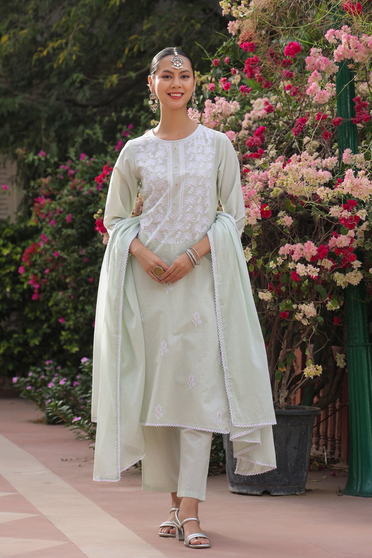 Pistagreen Cotton Cambric Chikankari Embroidered Straight Suit Set