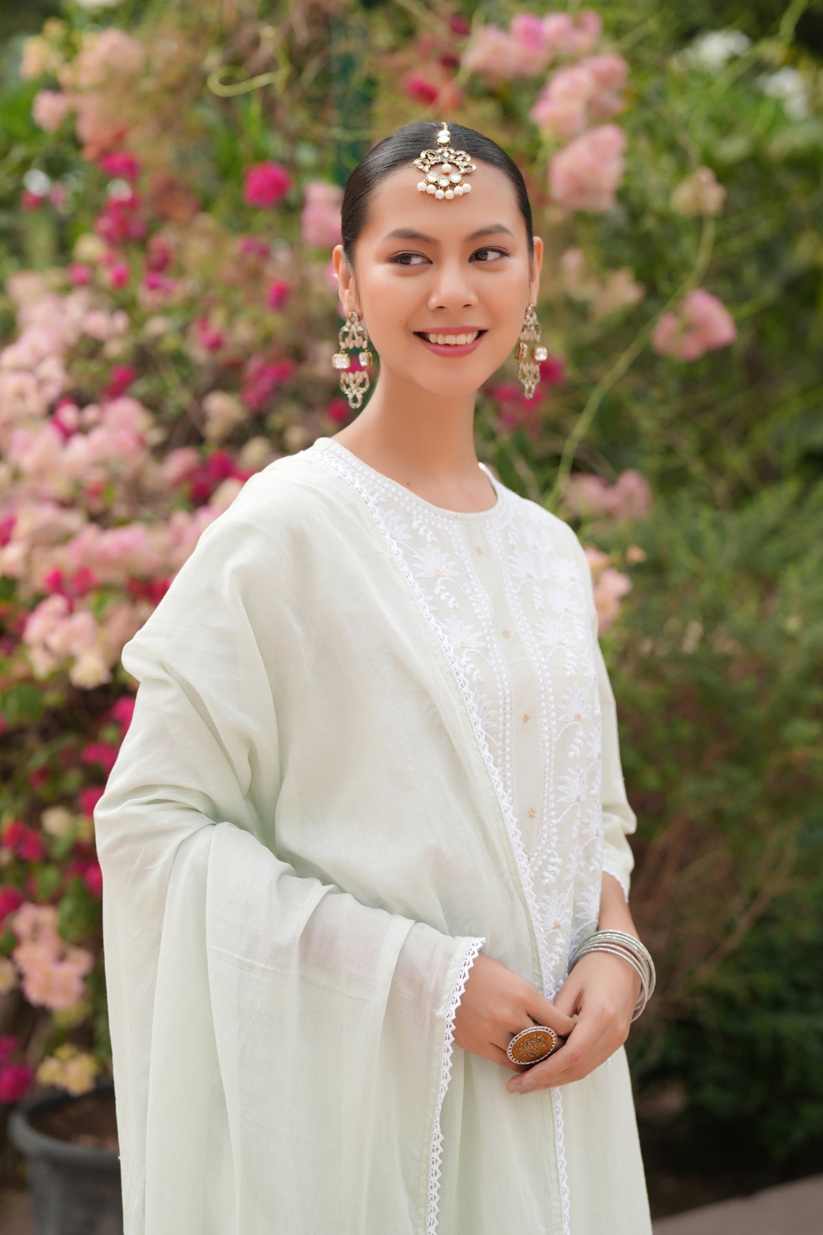 Pistagreen Cotton Cambric Chikankari Embroidered Straight Suit Set