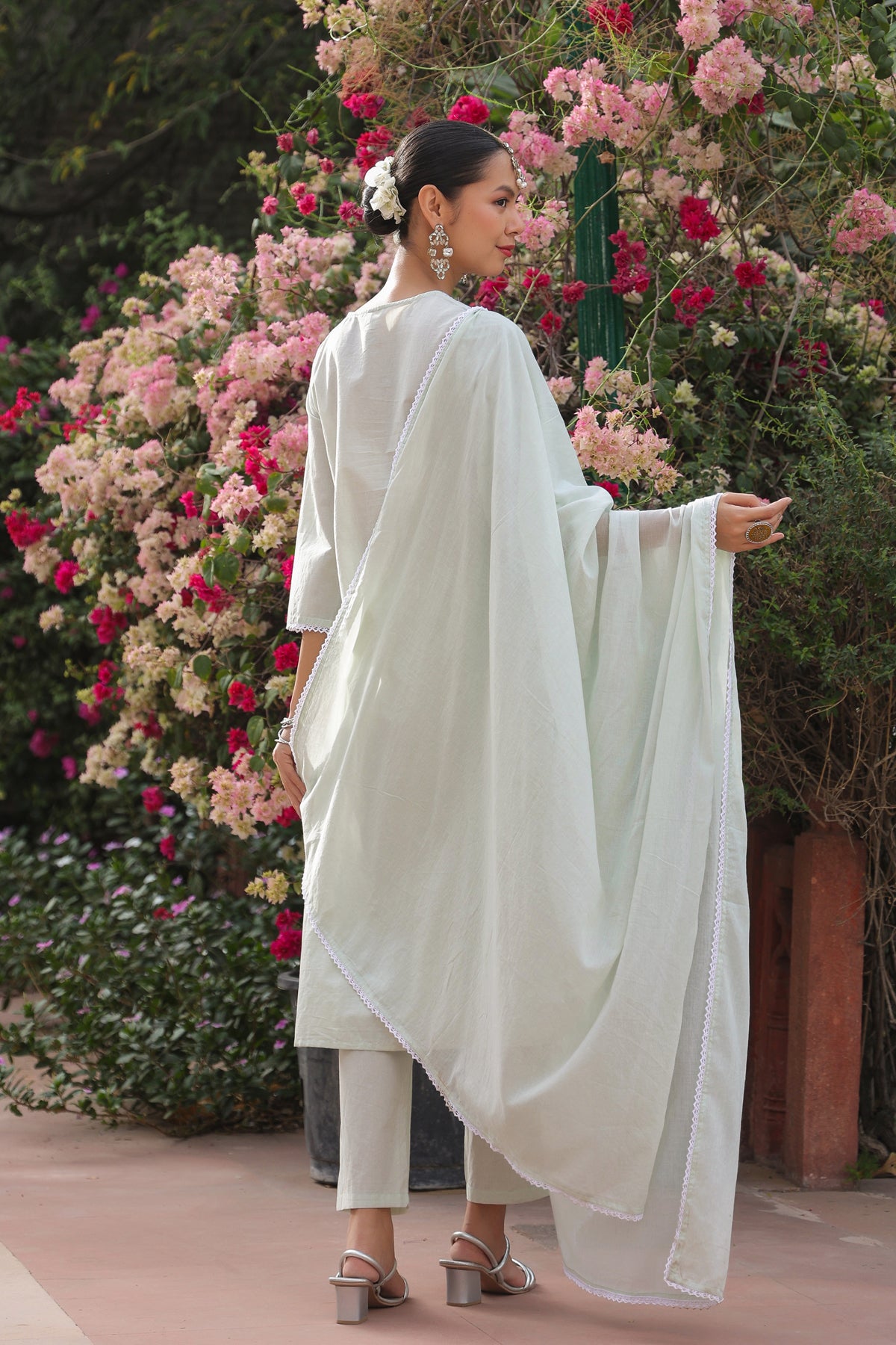 Pistagreen Cotton Cambric Chikankari Embroidered Straight Suit Set
