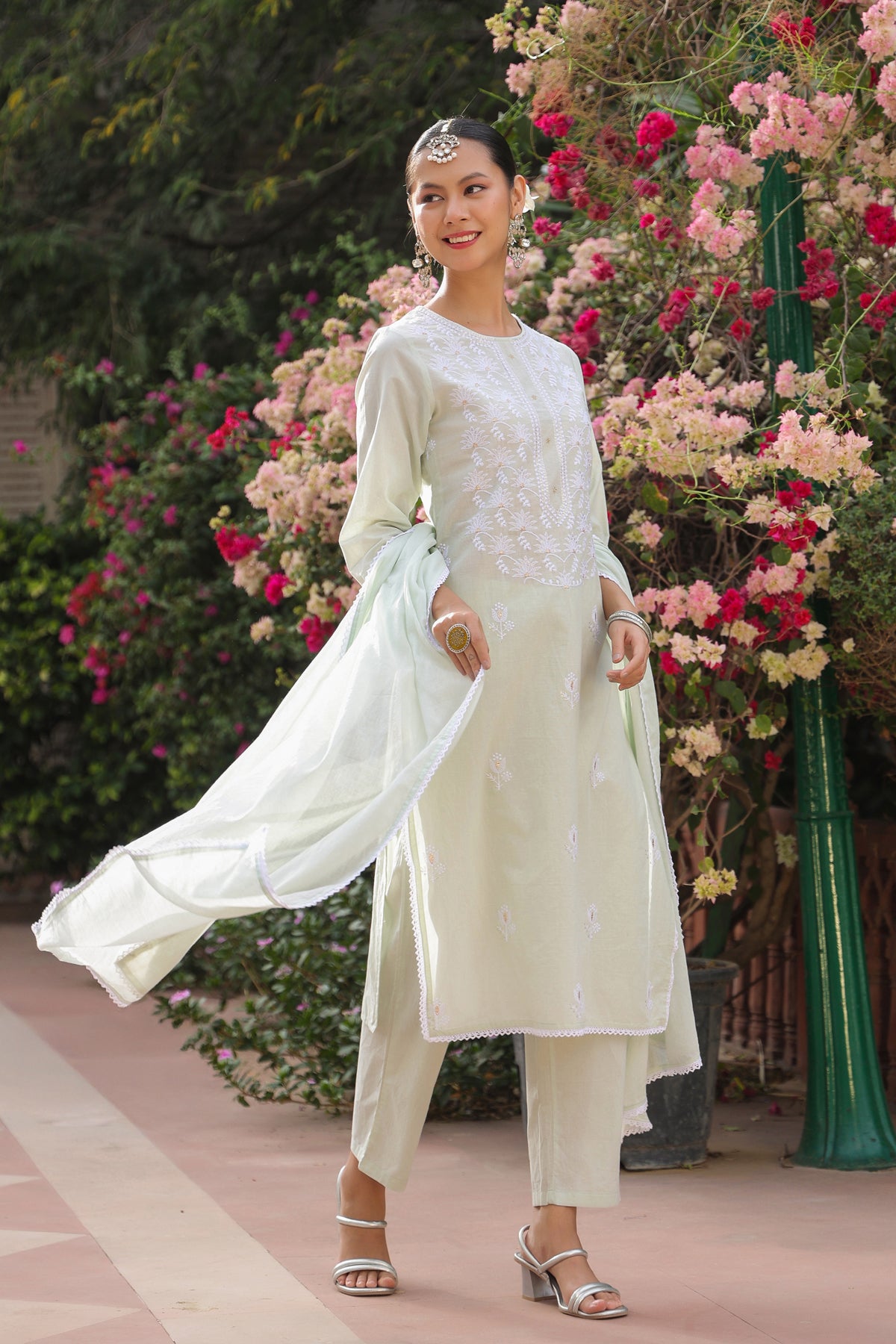 Pistagreen Cotton Cambric Chikankari Embroidered Straight Suit Set