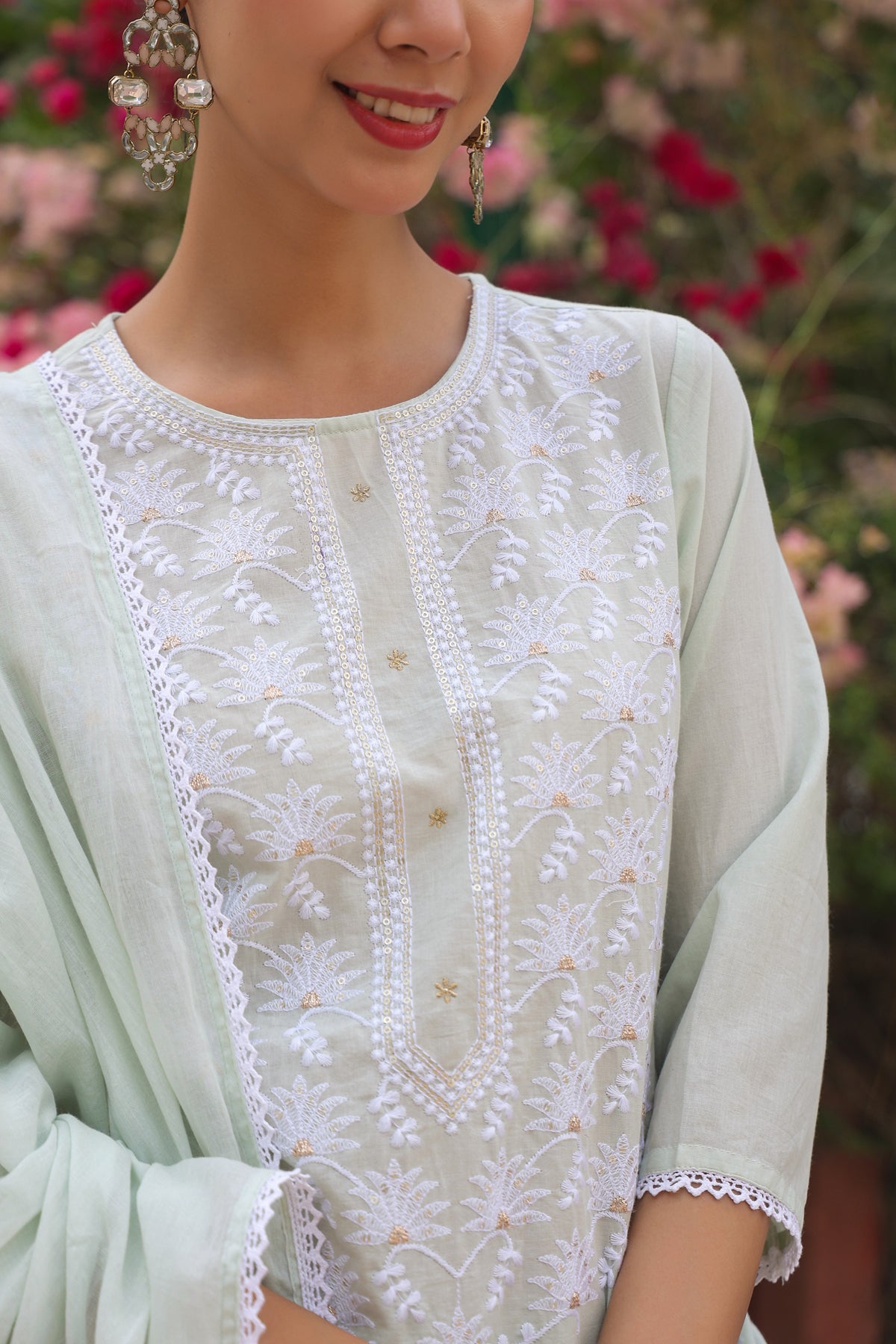 Pistagreen Cotton Cambric Chikankari Embroidered Straight Suit Set