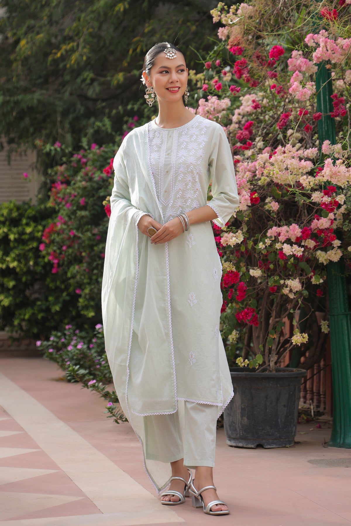 Pistagreen Cotton Cambric Chikankari Embroidered Straight Suit Set