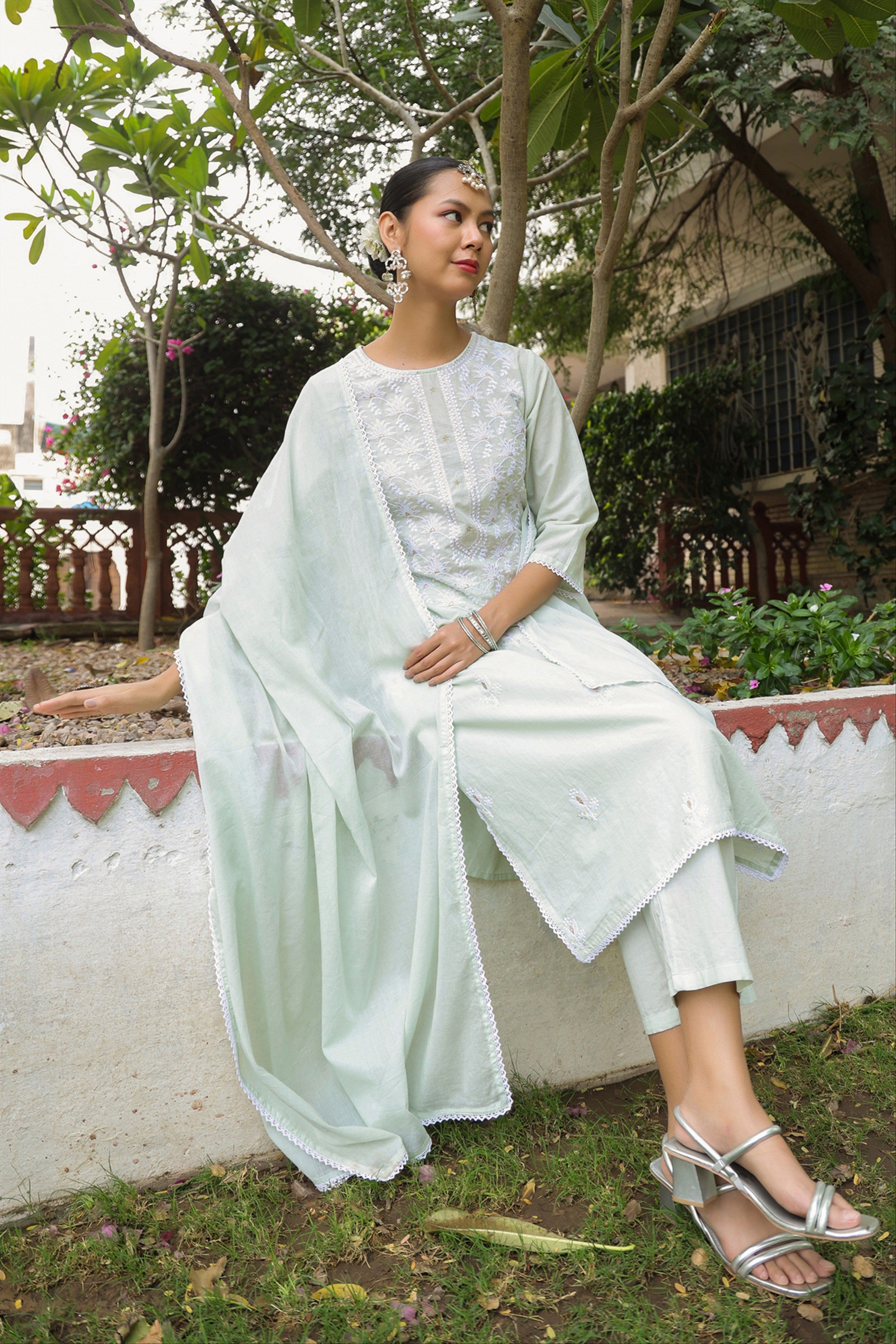 Pistagreen Cotton Cambric Chikankari Embroidered Straight Suit Set