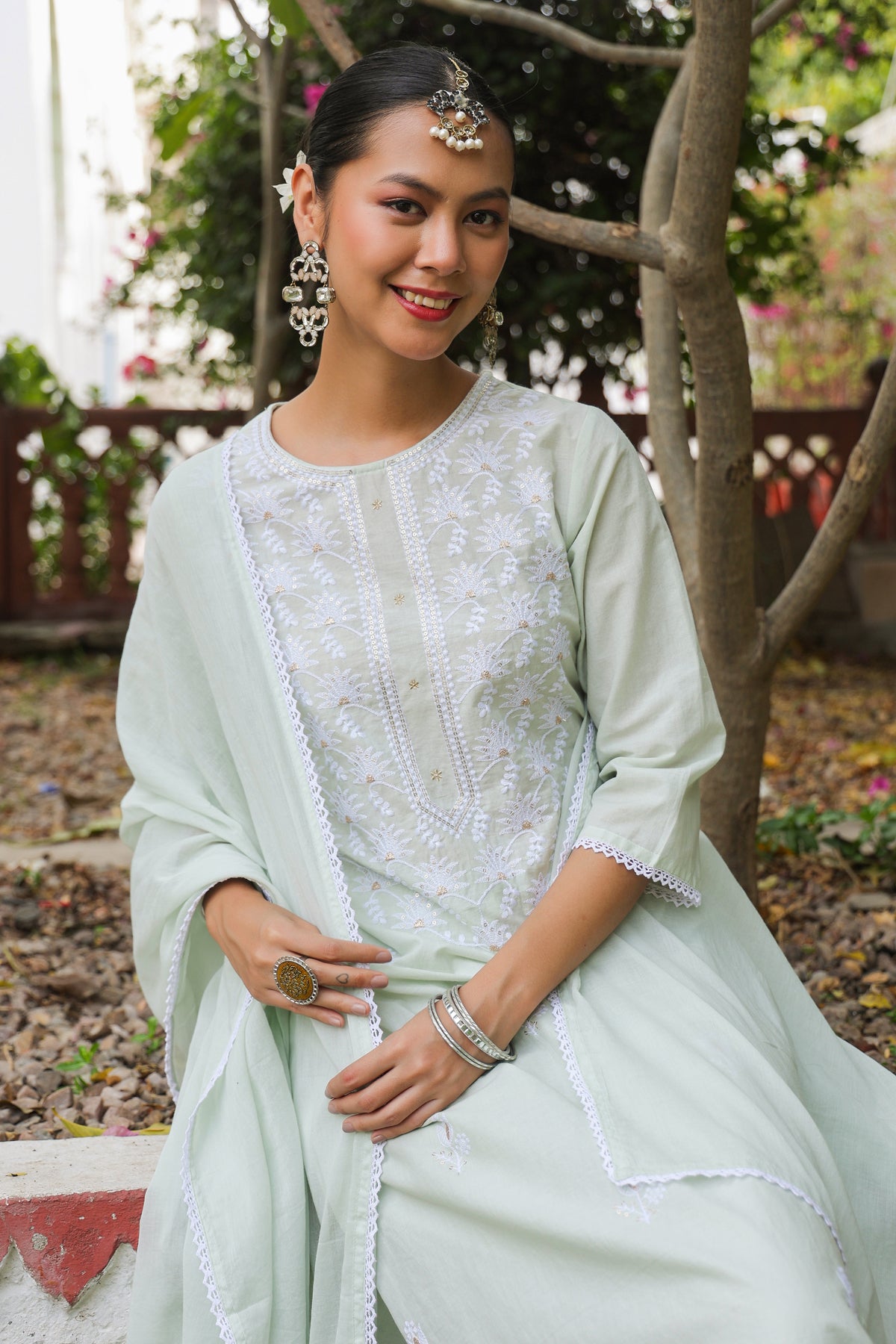 Pistagreen Cotton Cambric Chikankari Embroidered Straight Suit Set