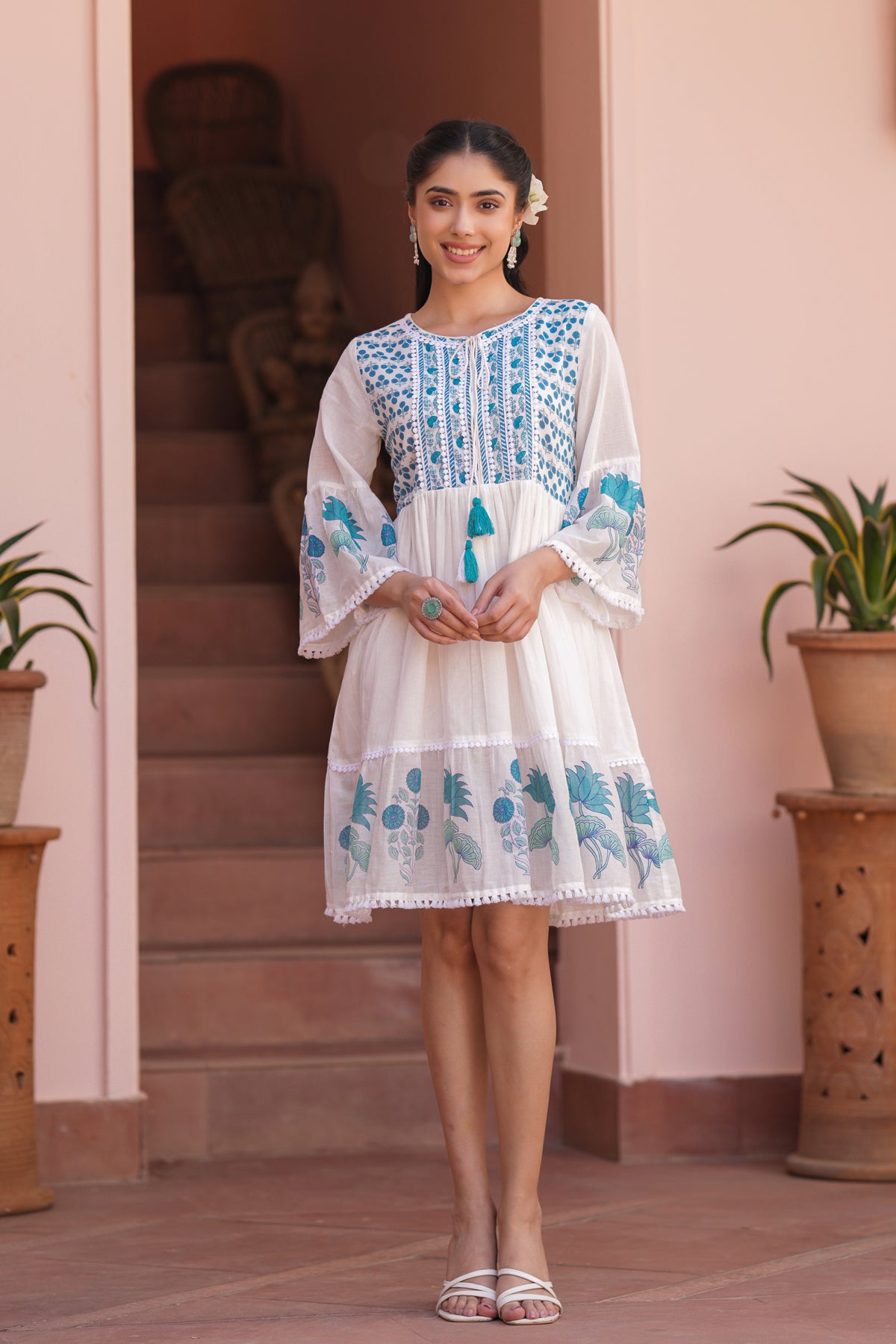Teal Floral Cotton Block Printed Midi Tiered Dress