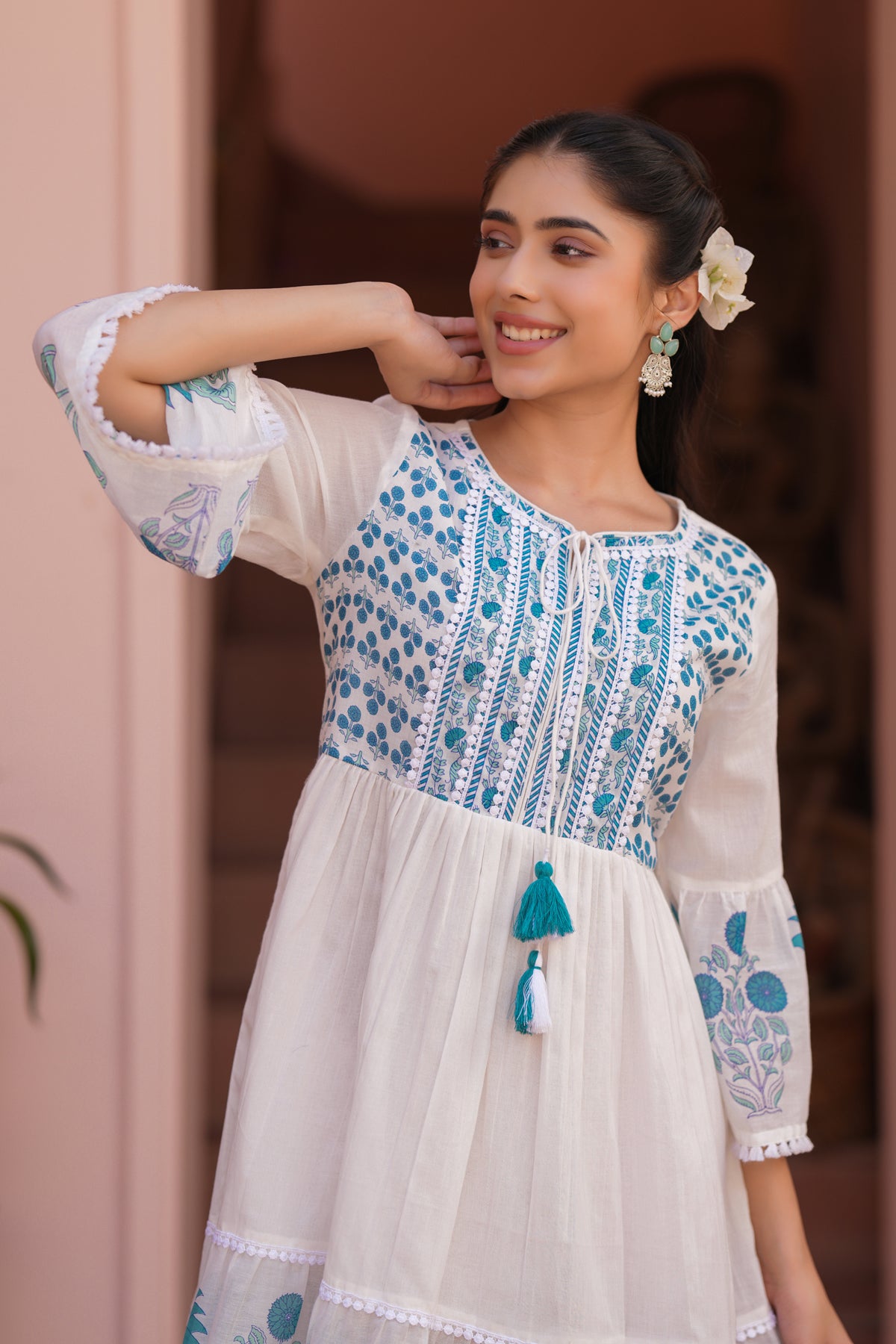 Teal Floral Cotton Block Printed Midi Tiered Dress