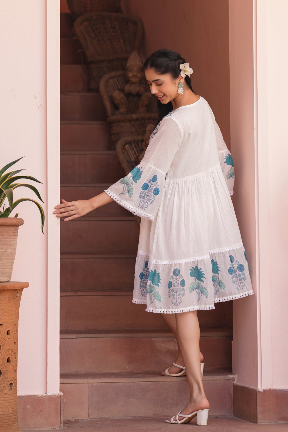 Teal Floral Cotton Block Printed Midi Tiered Dress