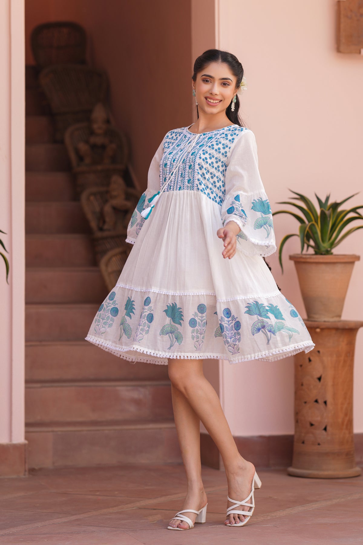 Teal Floral Cotton Block Printed Midi Tiered Dress