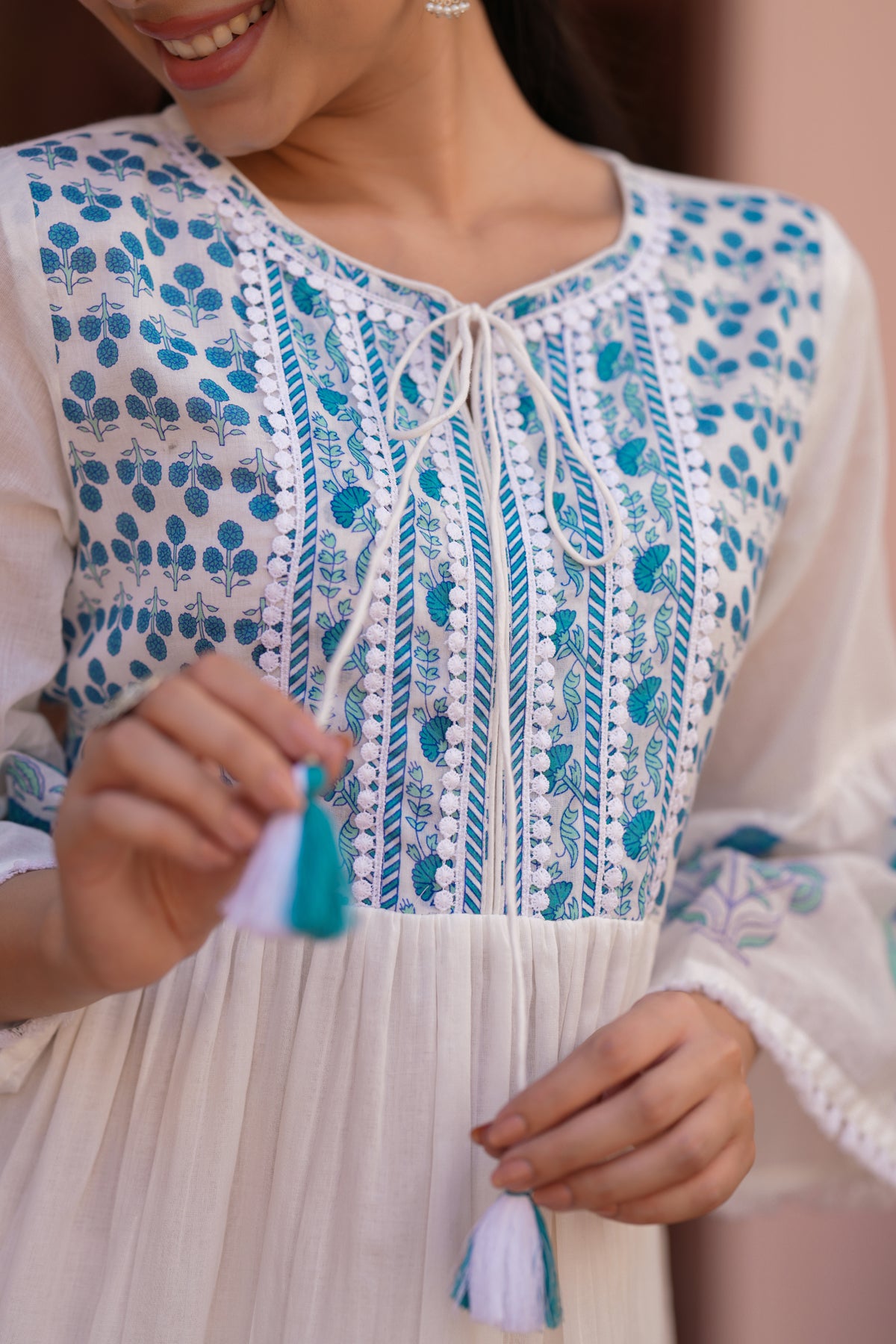 Teal Floral Cotton Block Printed Midi Tiered Dress