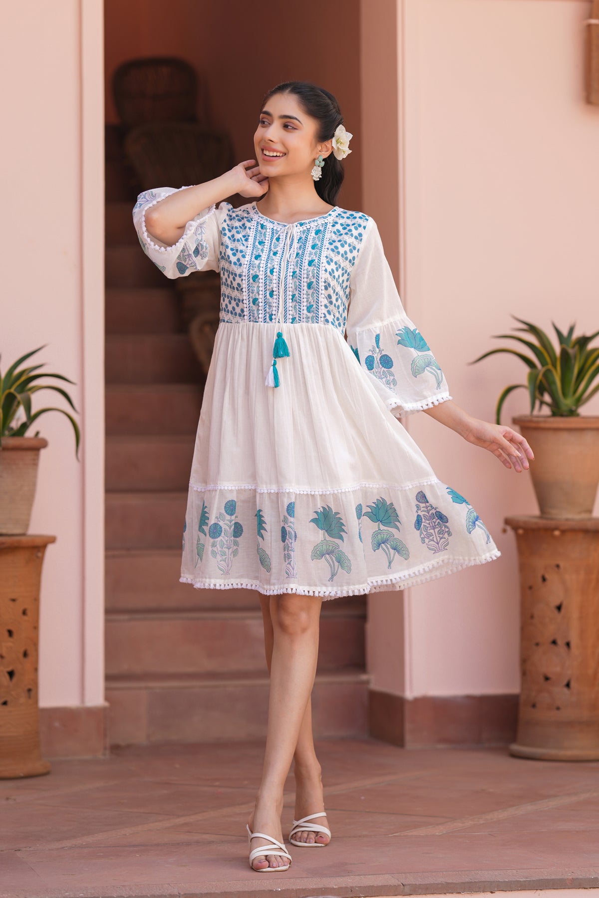 Teal Floral Cotton Block Printed Midi Tiered Dress