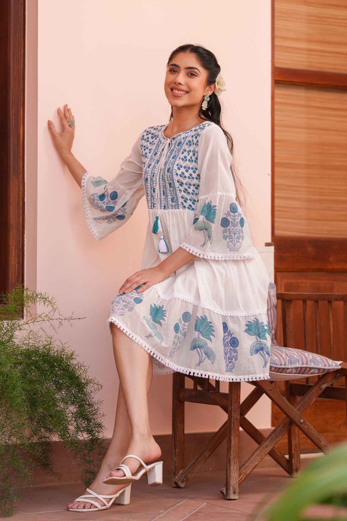 Teal Floral Cotton Block Printed Midi Tiered Dress
