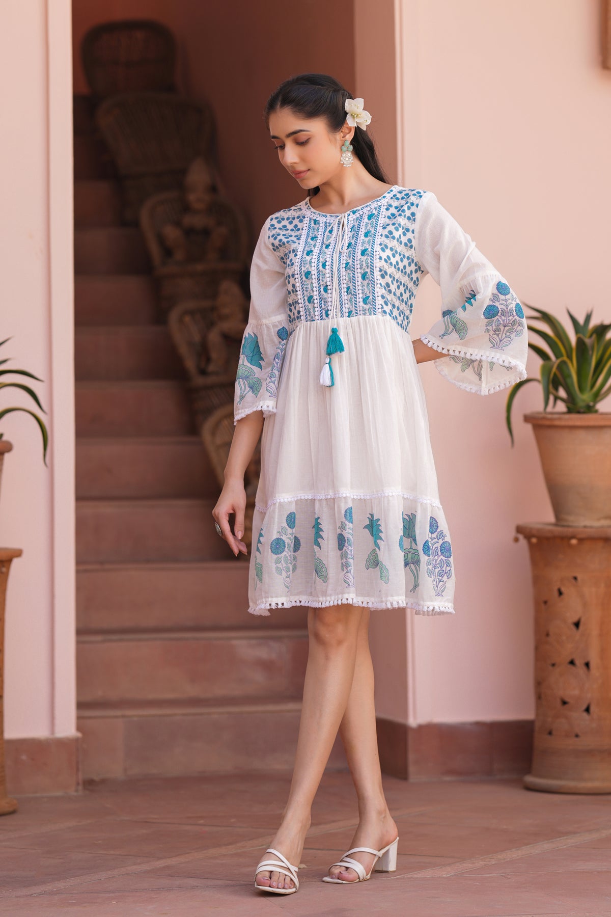 Teal Floral Cotton Block Printed Midi Tiered Dress