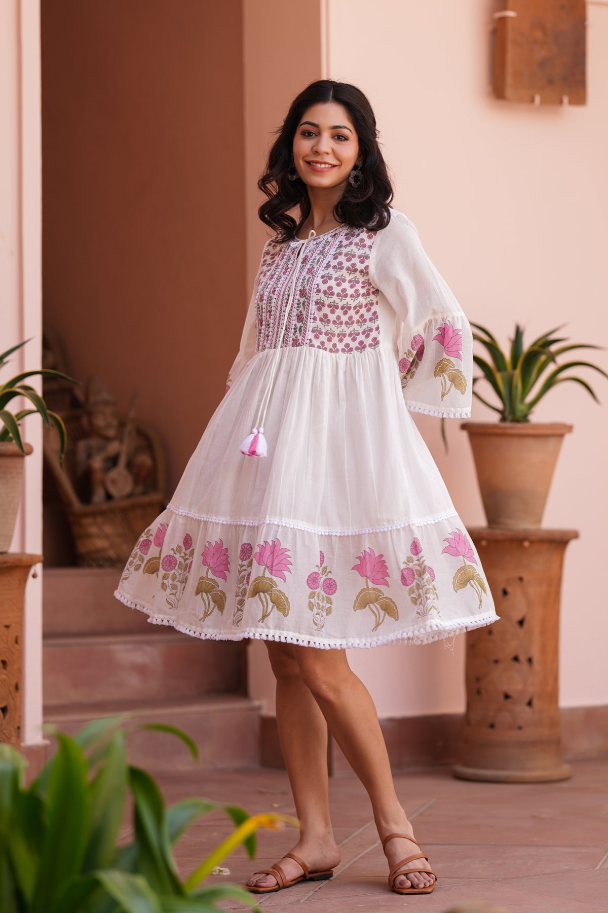 Pink Floral Cotton Block Printed Midi Tiered Dress