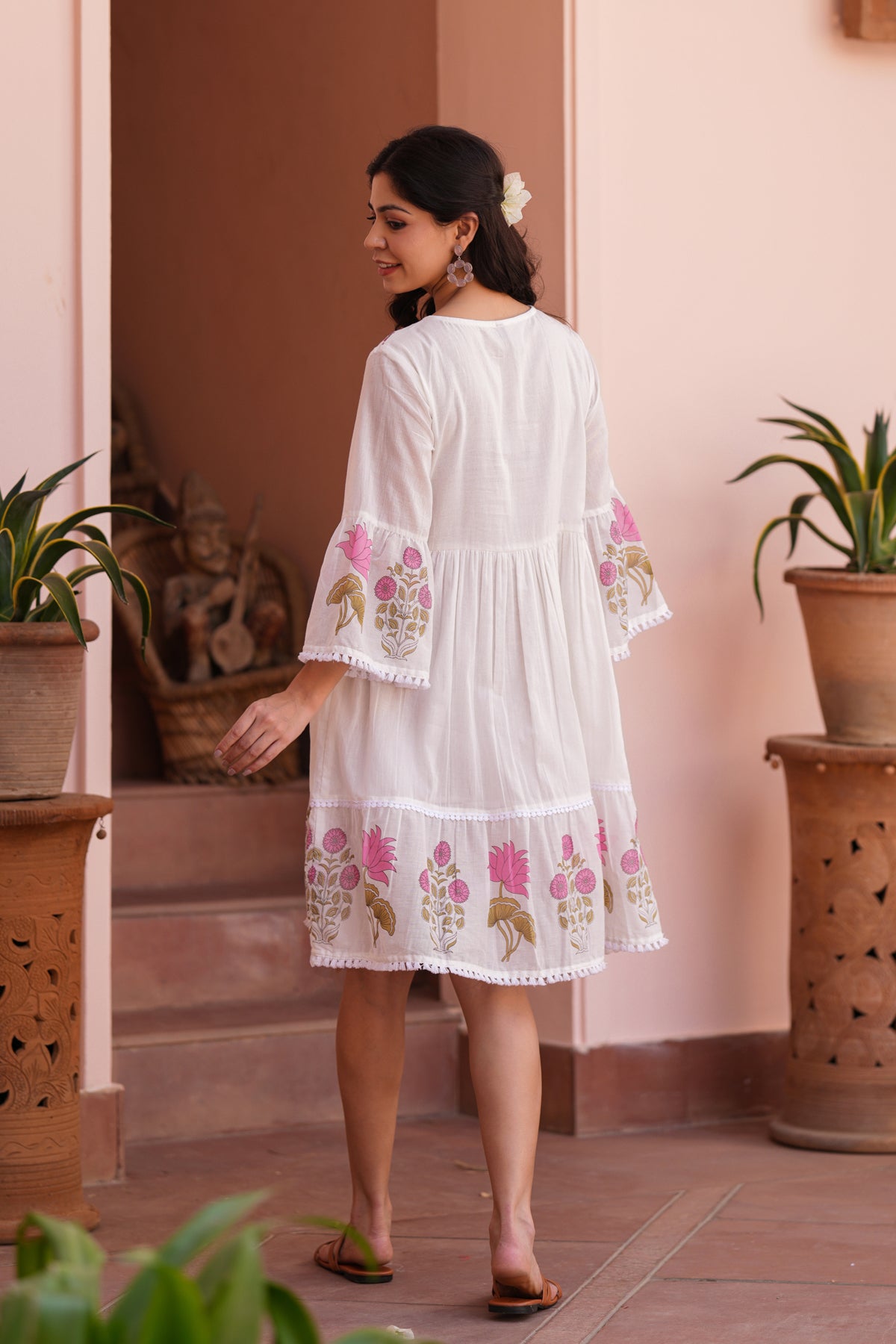 Pink Floral Cotton Block Printed Midi Tiered Dress