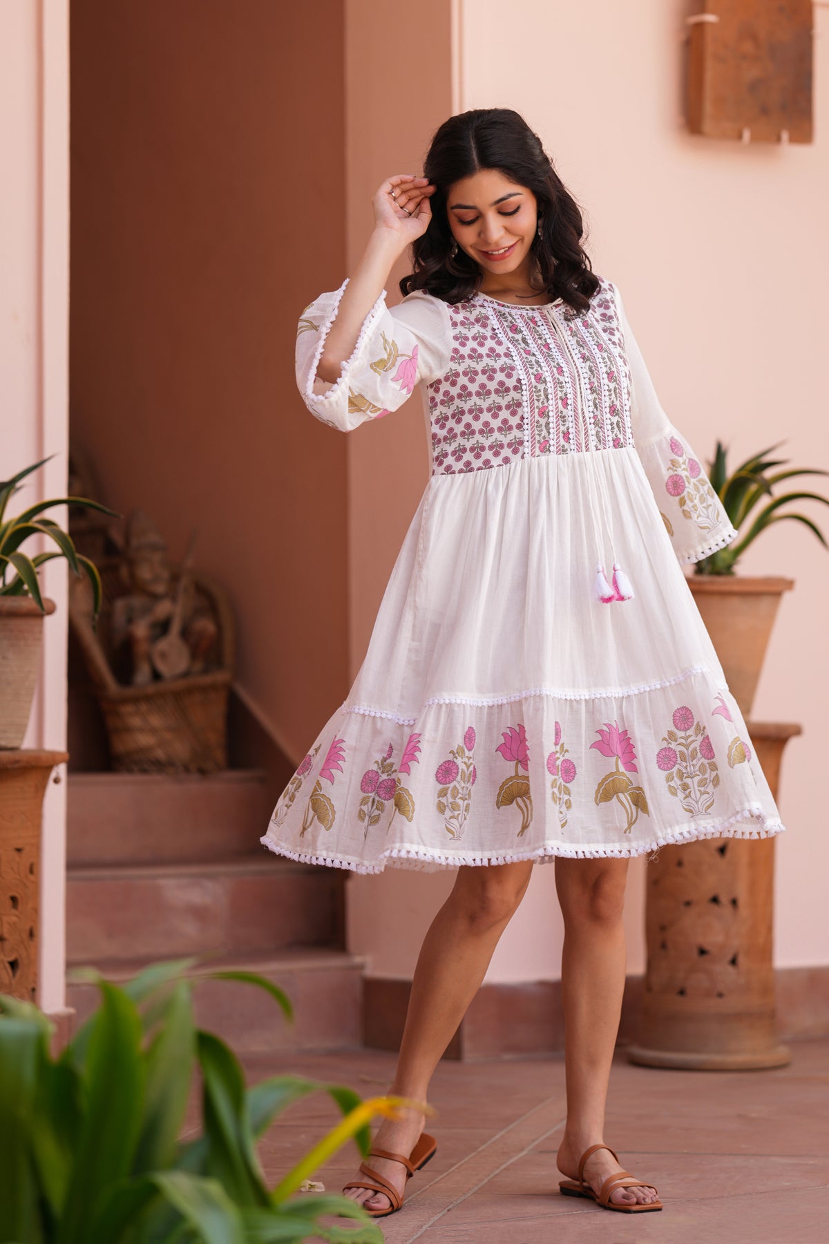 Pink Floral Cotton Block Printed Midi Tiered Dress