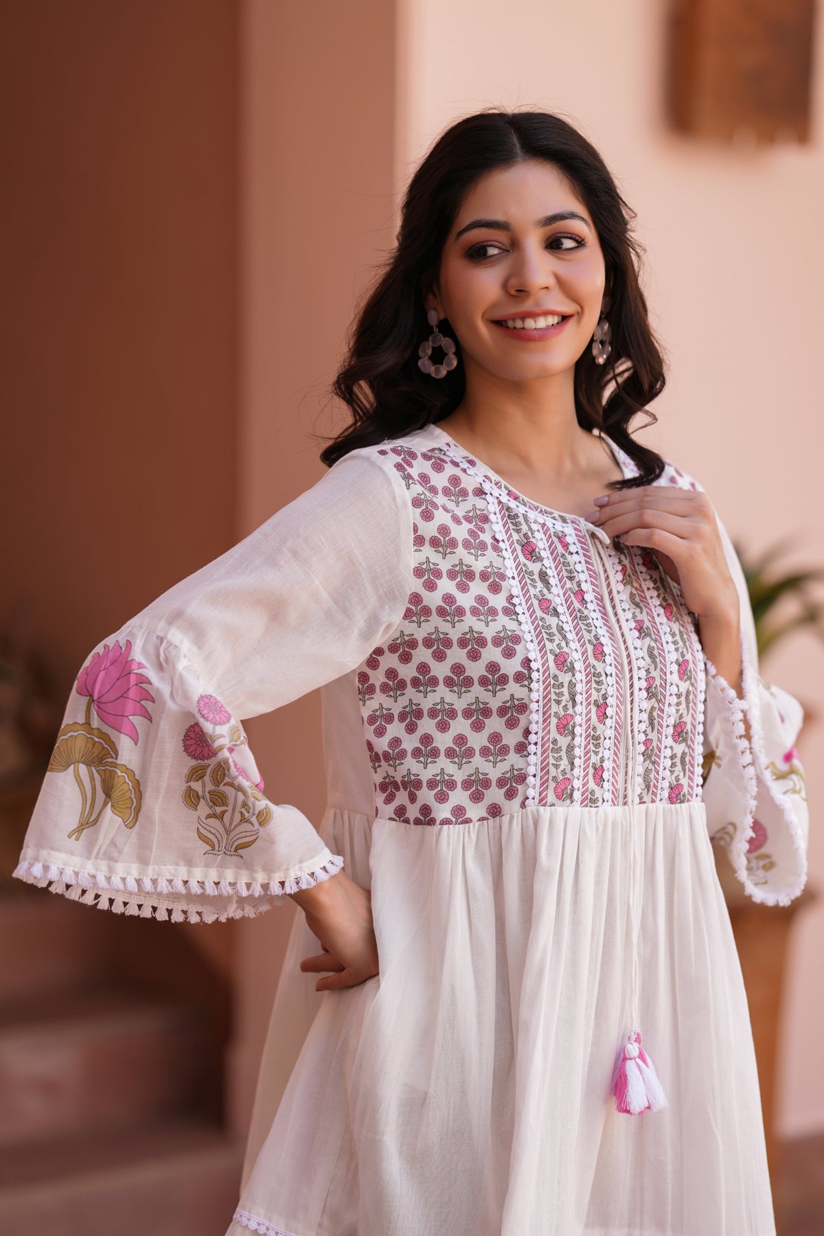 Pink Floral Cotton Block Printed Midi Tiered Dress
