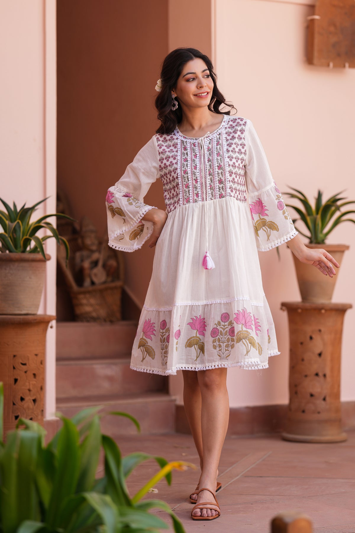 Pink Floral Cotton Block Printed Midi Tiered Dress