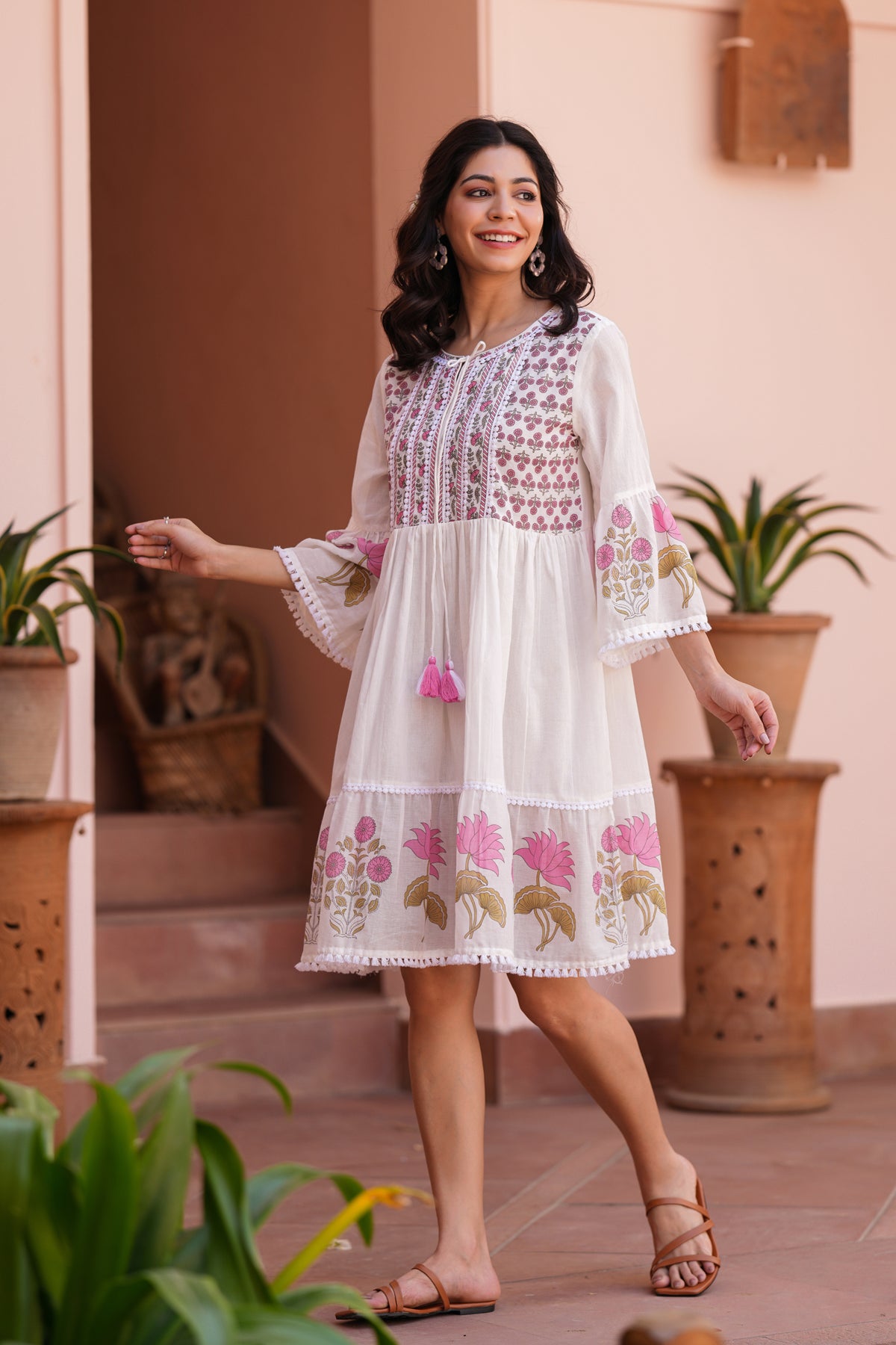 Pink Floral Cotton Block Printed Midi Tiered Dress