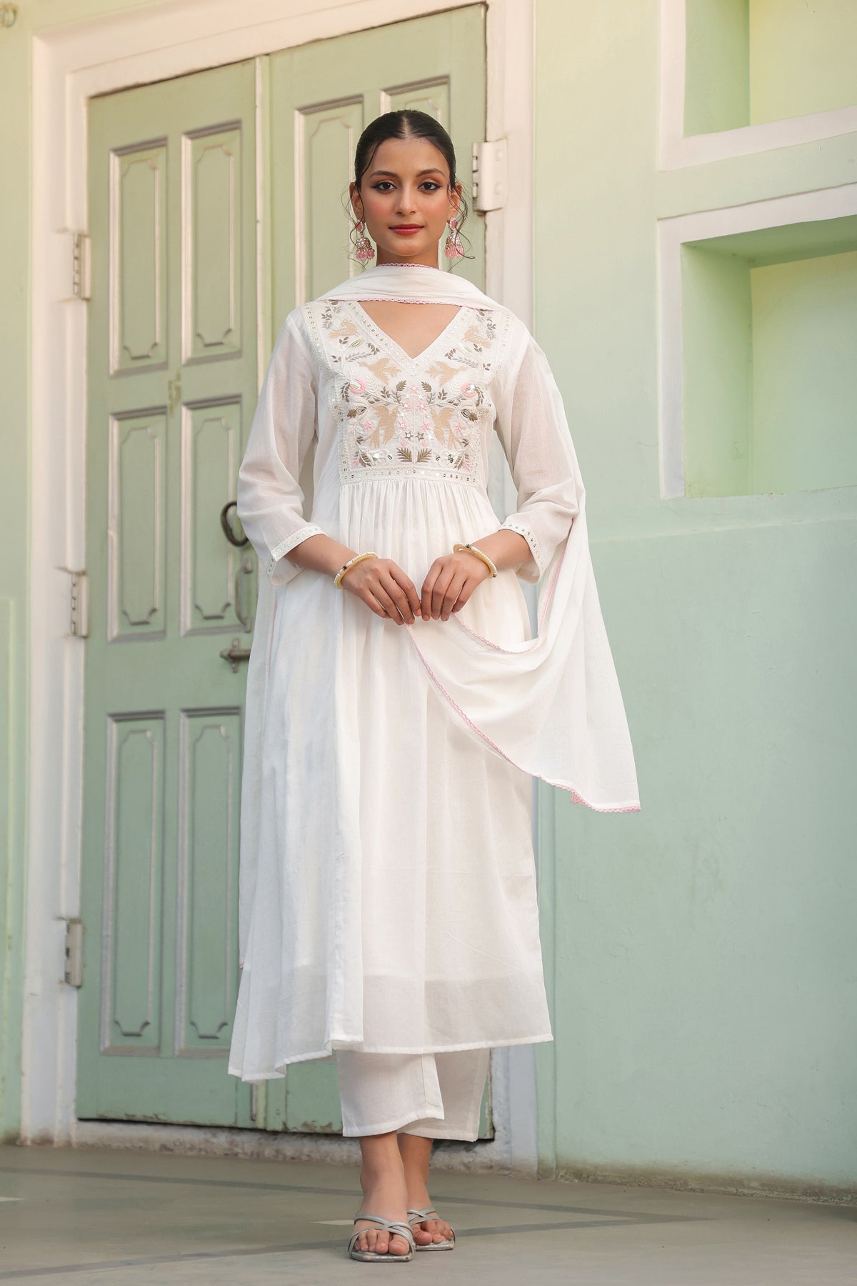 Off-White Cotton Mulmul Embroidered Gathered Anarkali Set