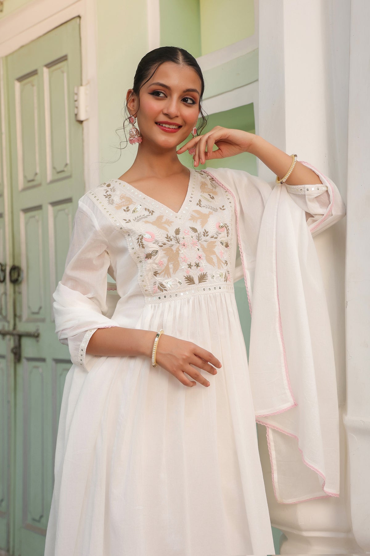 Off-White Cotton Mulmul Embroidered Gathered Anarkali Set