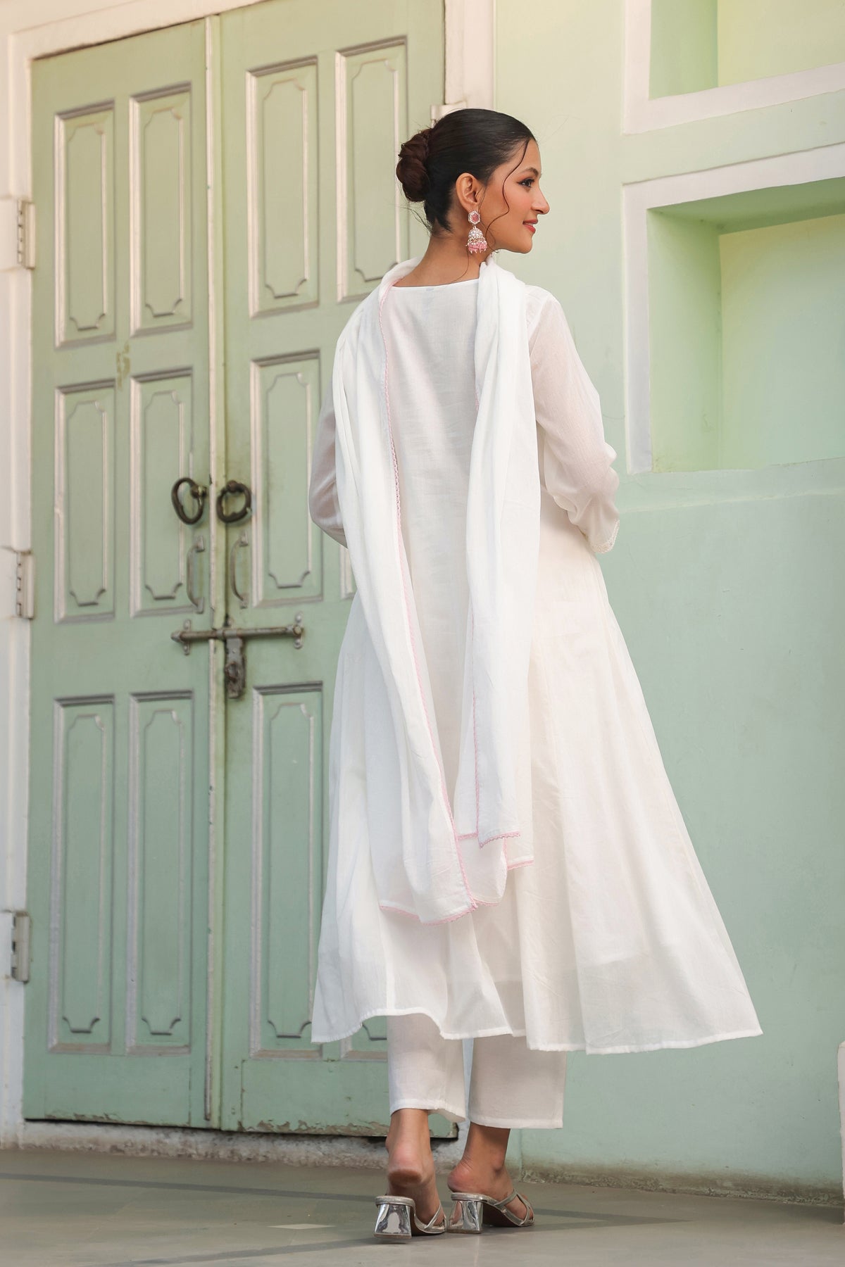 Off-White Cotton Mulmul Embroidered Gathered Anarkali Set