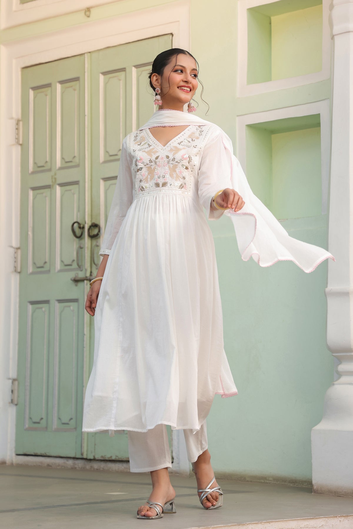 Off-White Cotton Mulmul Embroidered Gathered Anarkali Set
