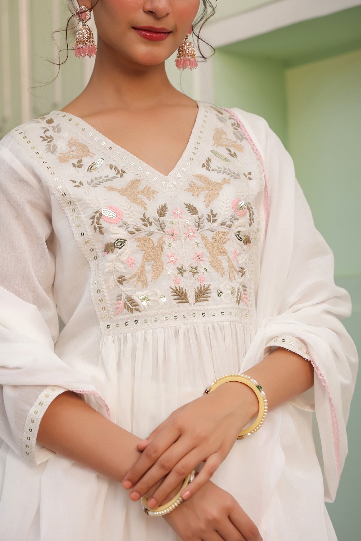 Off-White Cotton Mulmul Embroidered Gathered Anarkali Set