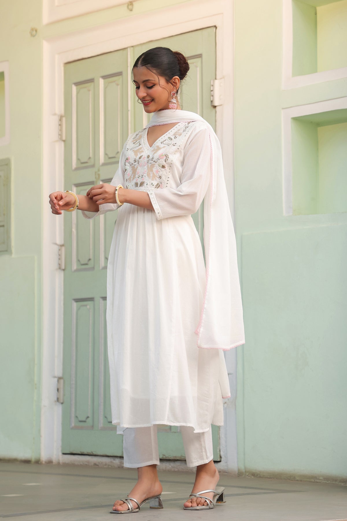 Off-White Cotton Mulmul Embroidered Gathered Anarkali Set