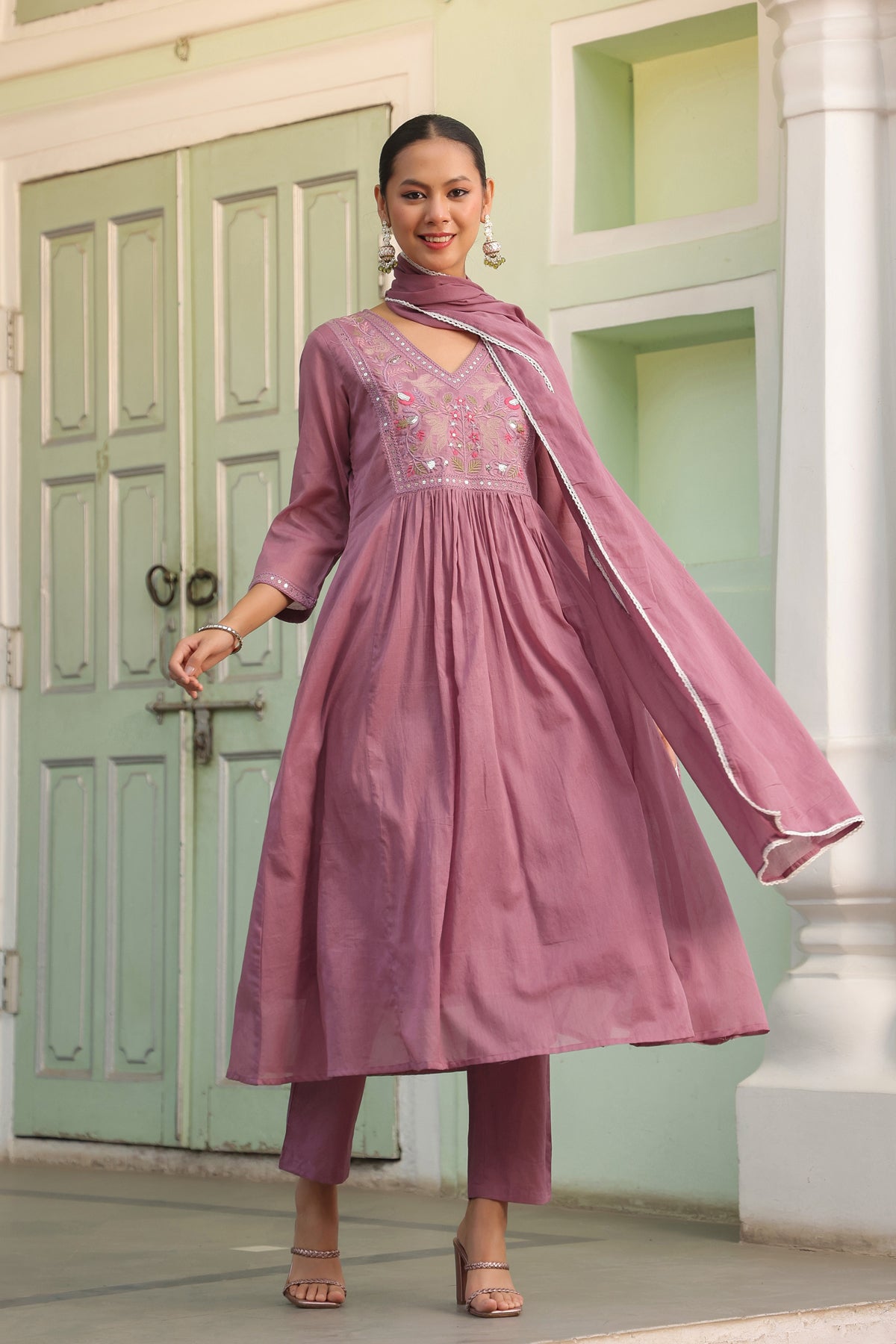 Mauve Cotton Mulmul Embroidered Gathered Anarkali Set