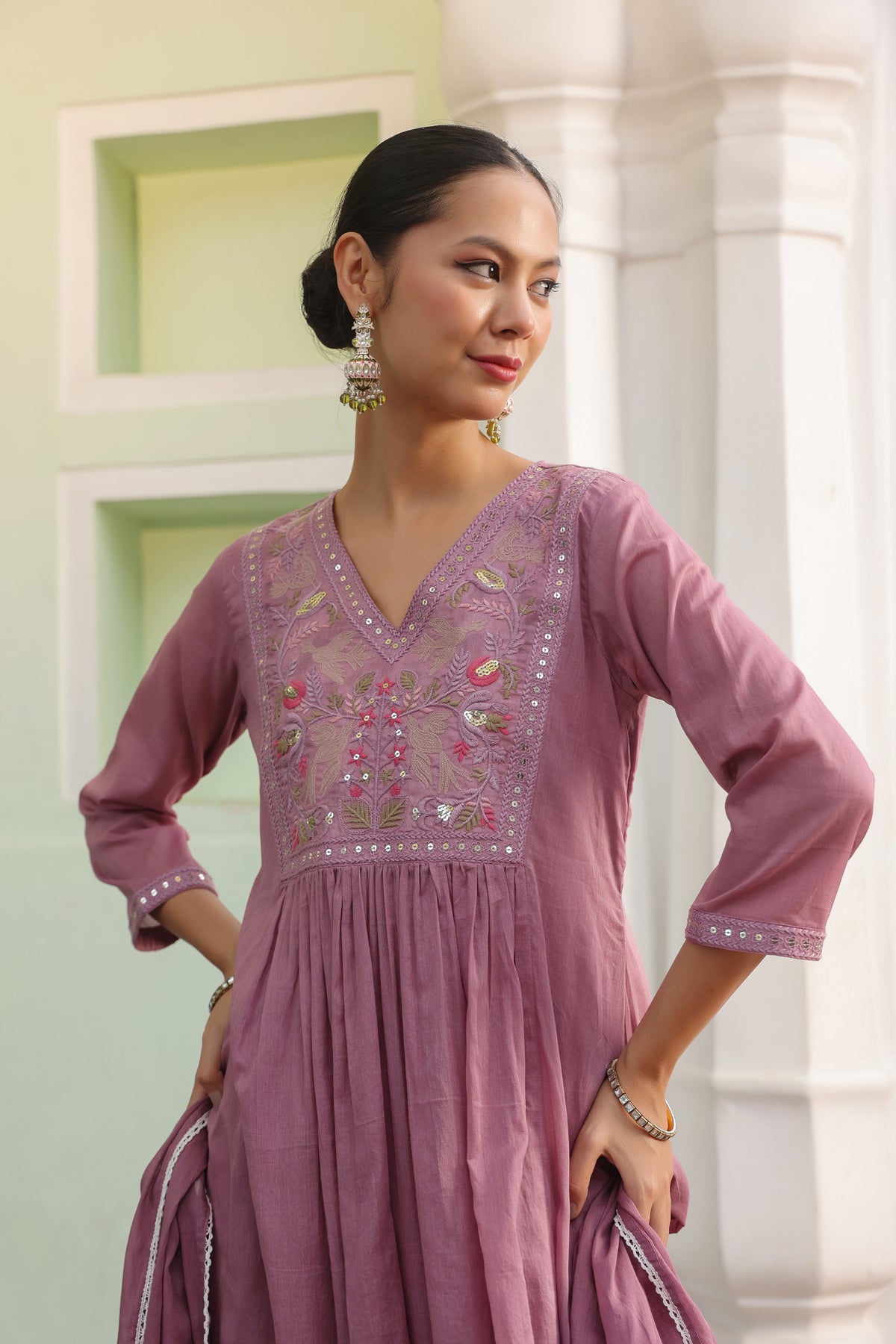 Mauve Cotton Mulmul Embroidered Gathered Anarkali Set
