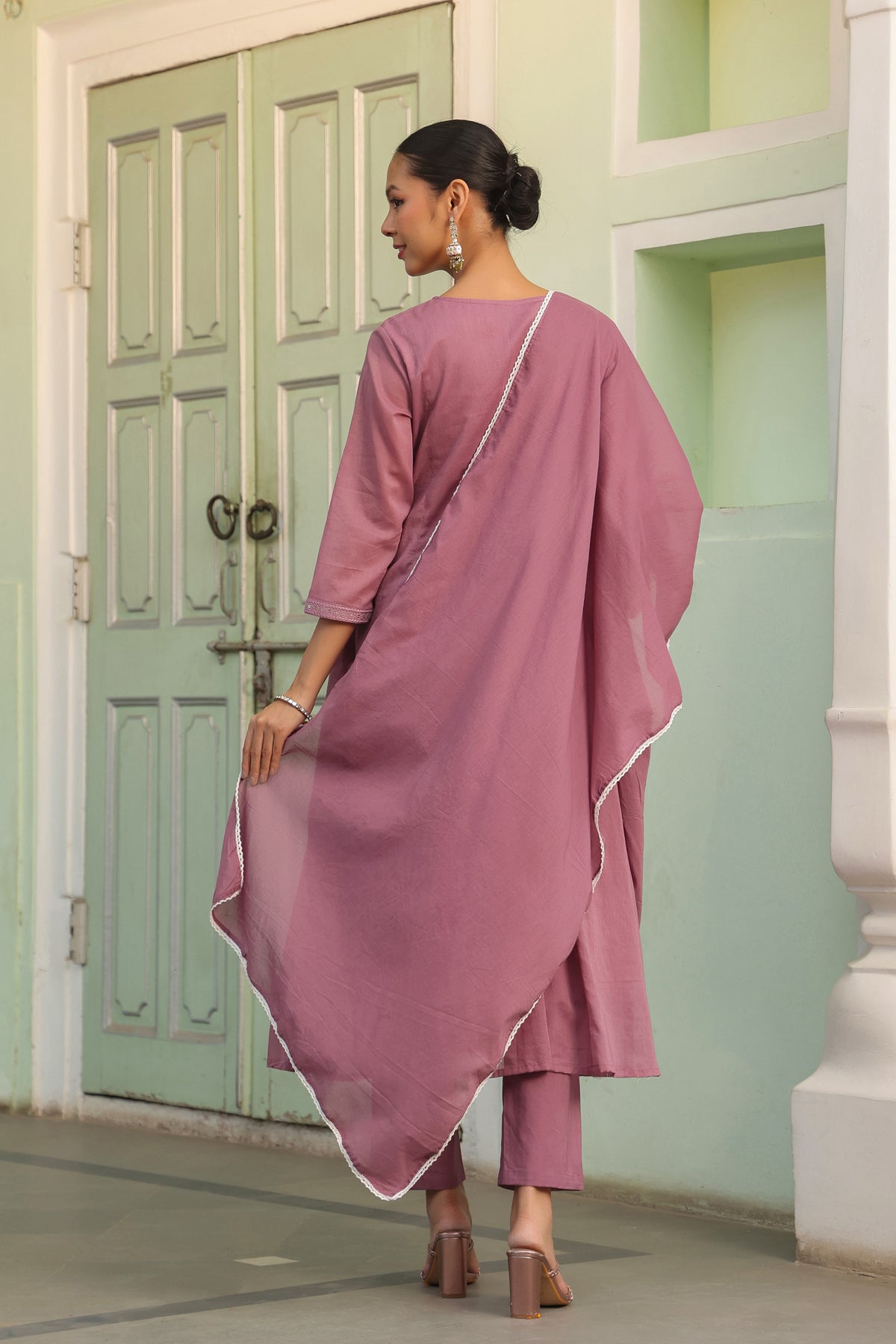 Mauve Cotton Mulmul Embroidered Gathered Anarkali Set