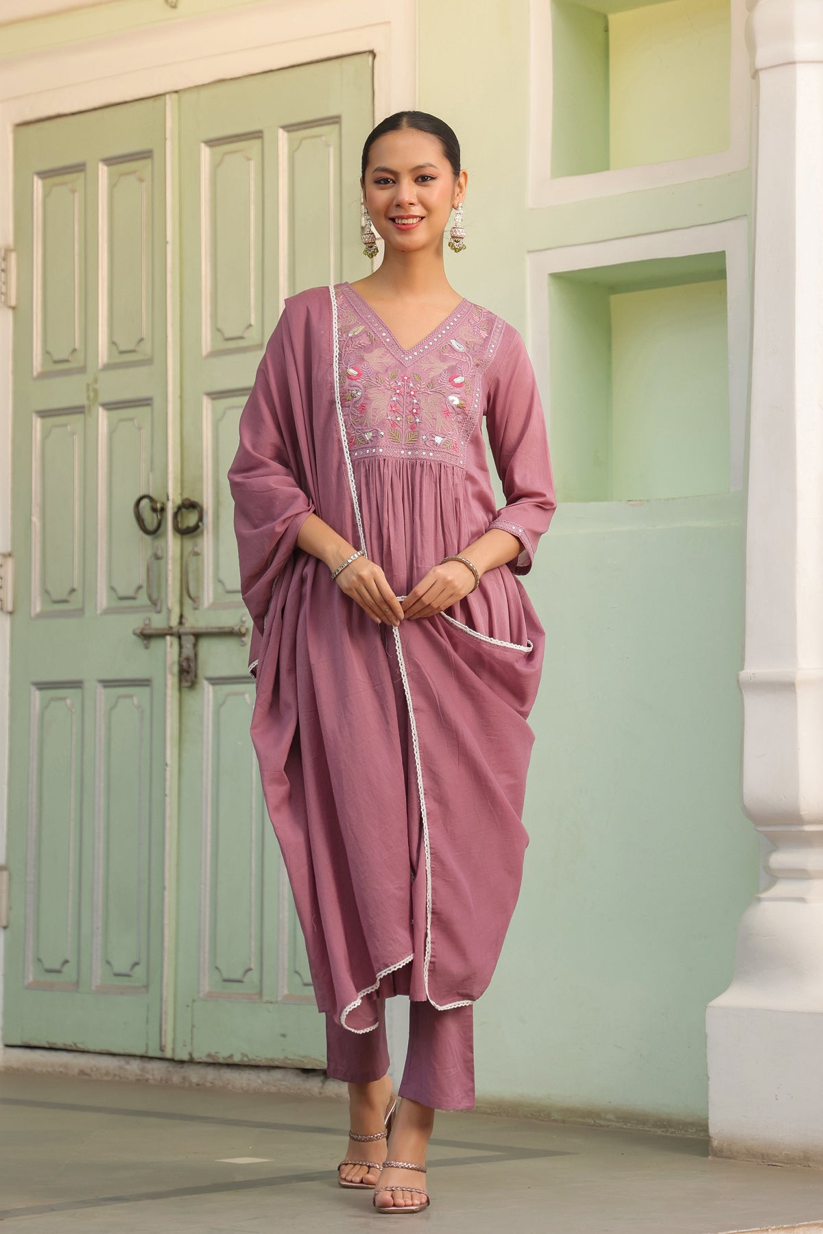 Mauve Cotton Mulmul Embroidered Gathered Anarkali Set