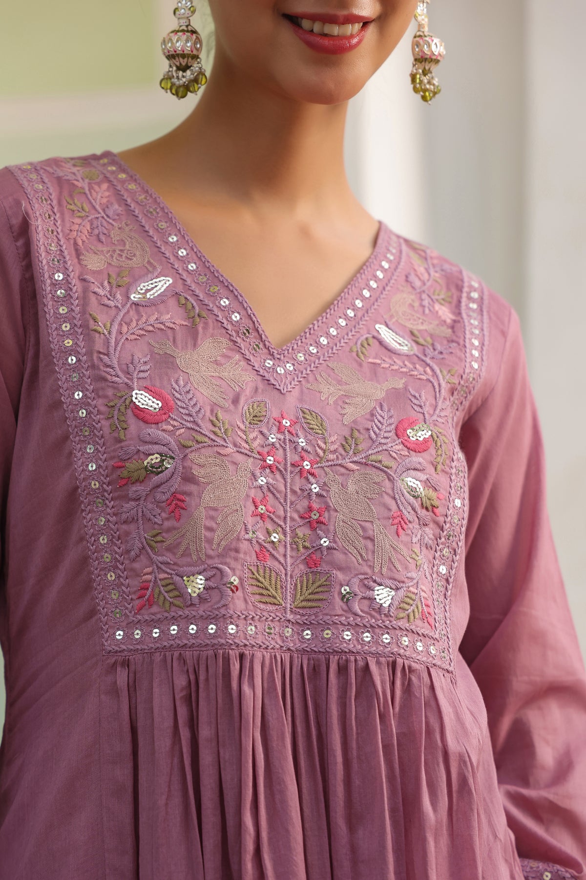 Mauve Cotton Mulmul Embroidered Gathered Anarkali Set