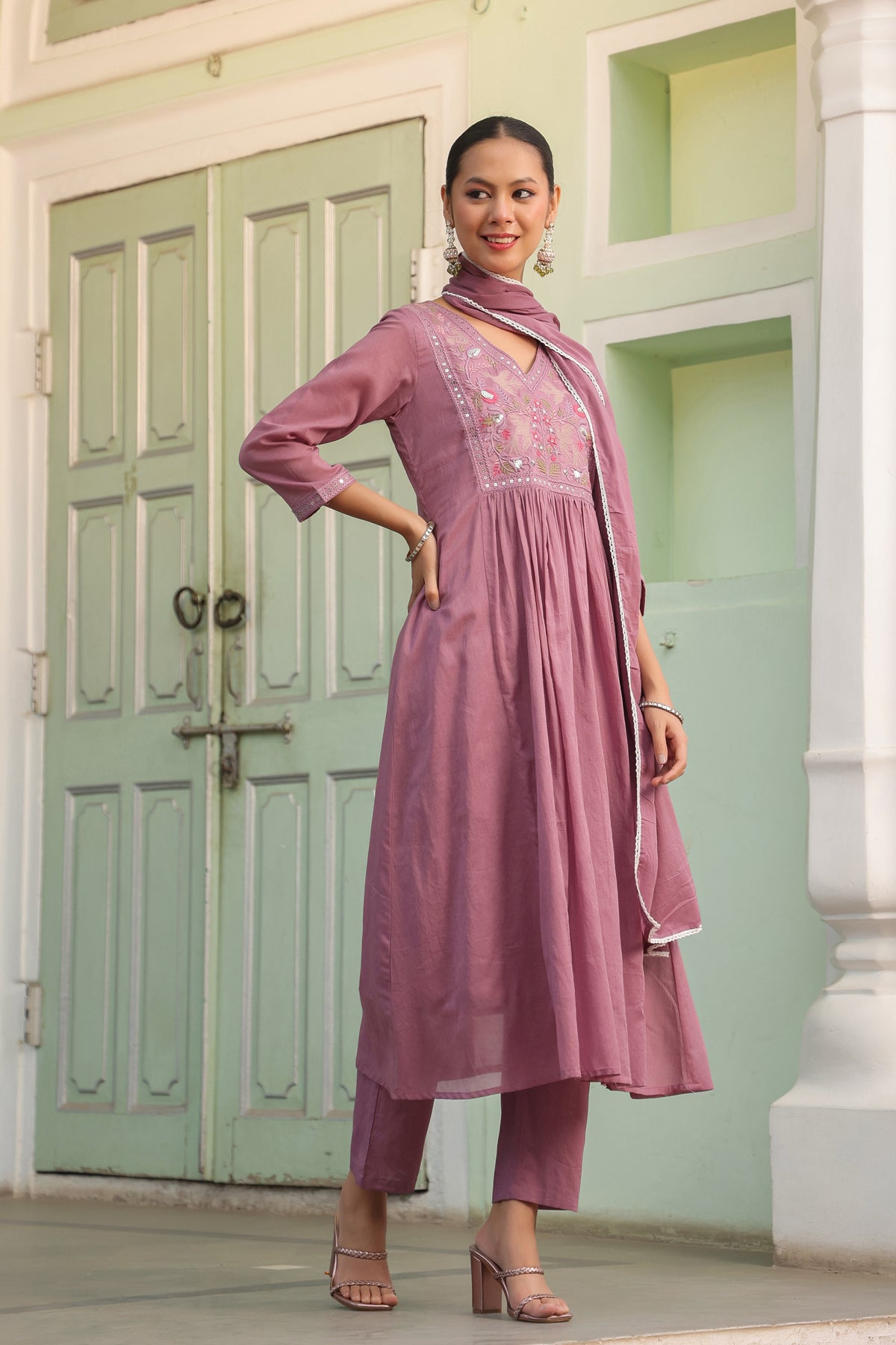 Mauve Cotton Mulmul Embroidered Gathered Anarkali Set