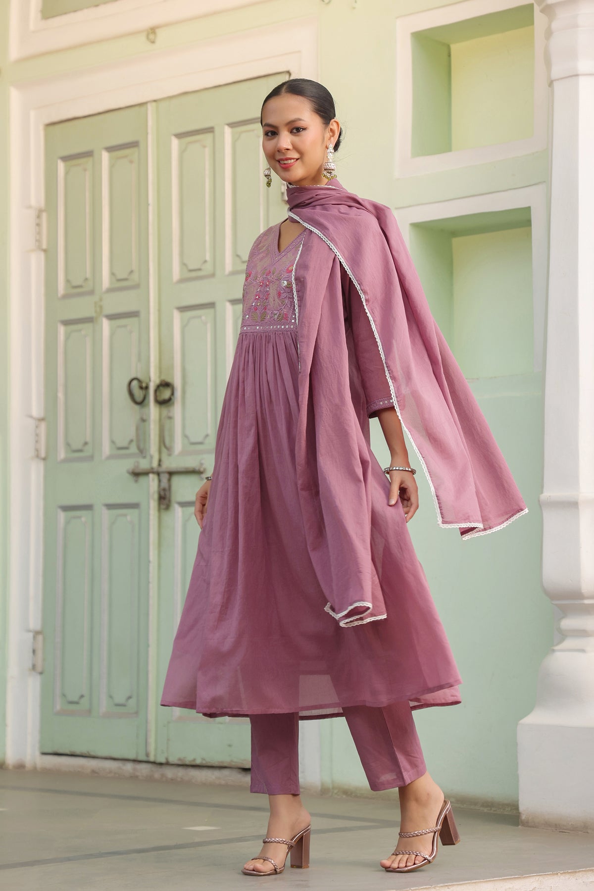 Mauve Cotton Mulmul Embroidered Gathered Anarkali Set