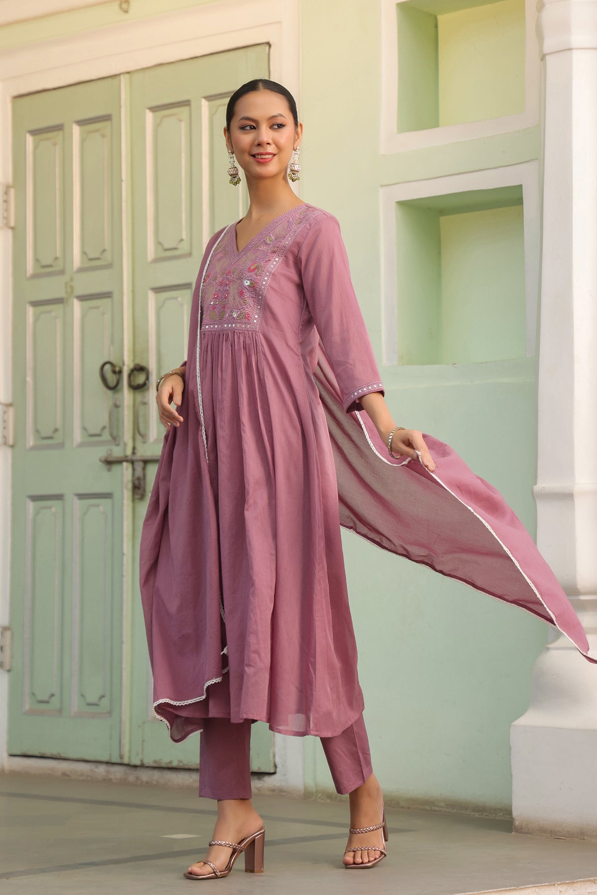 Mauve Cotton Mulmul Embroidered Gathered Anarkali Set