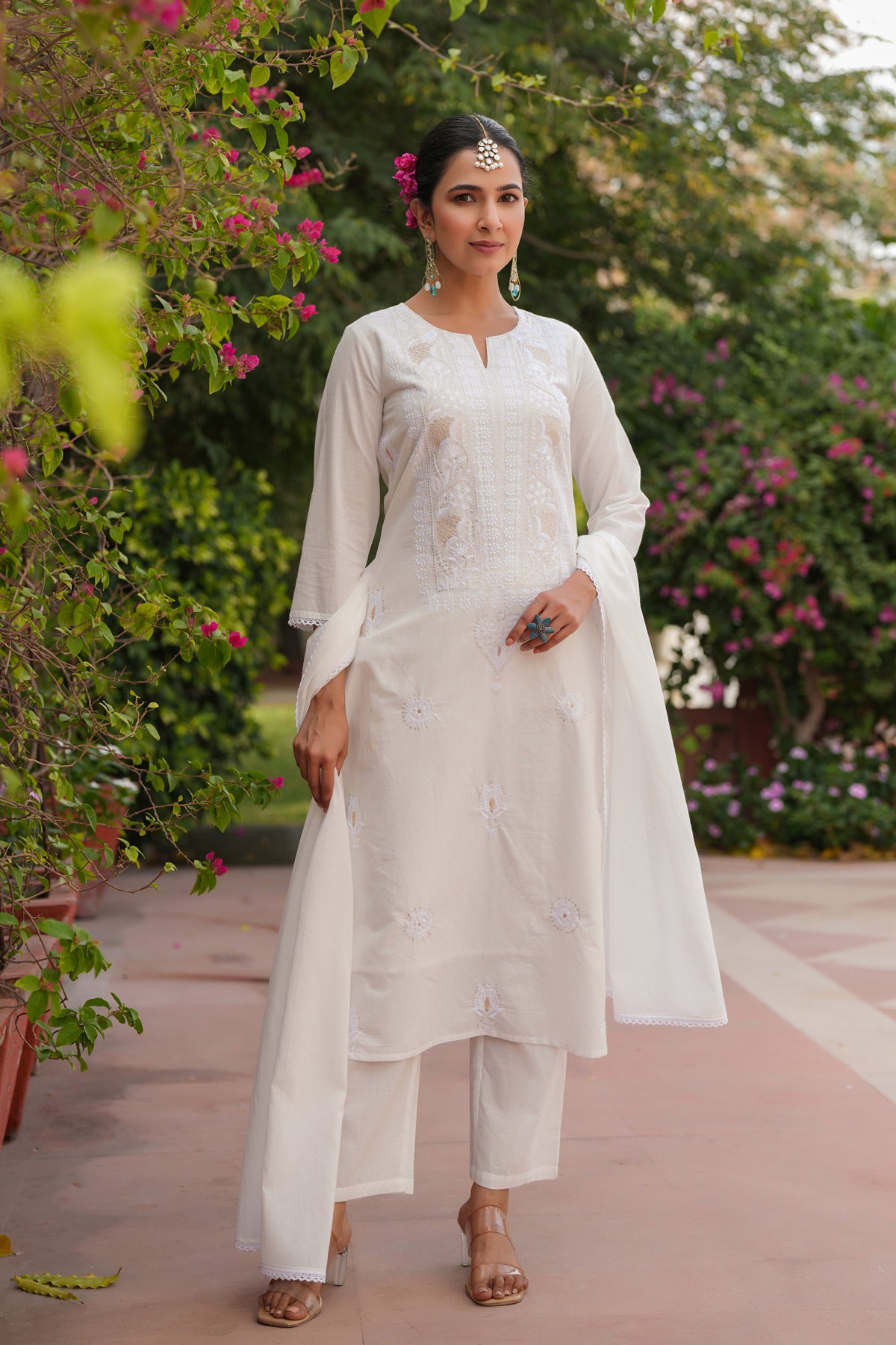 Off-White Cotton Cambric Chikankari Embroidered Straight Suit Set