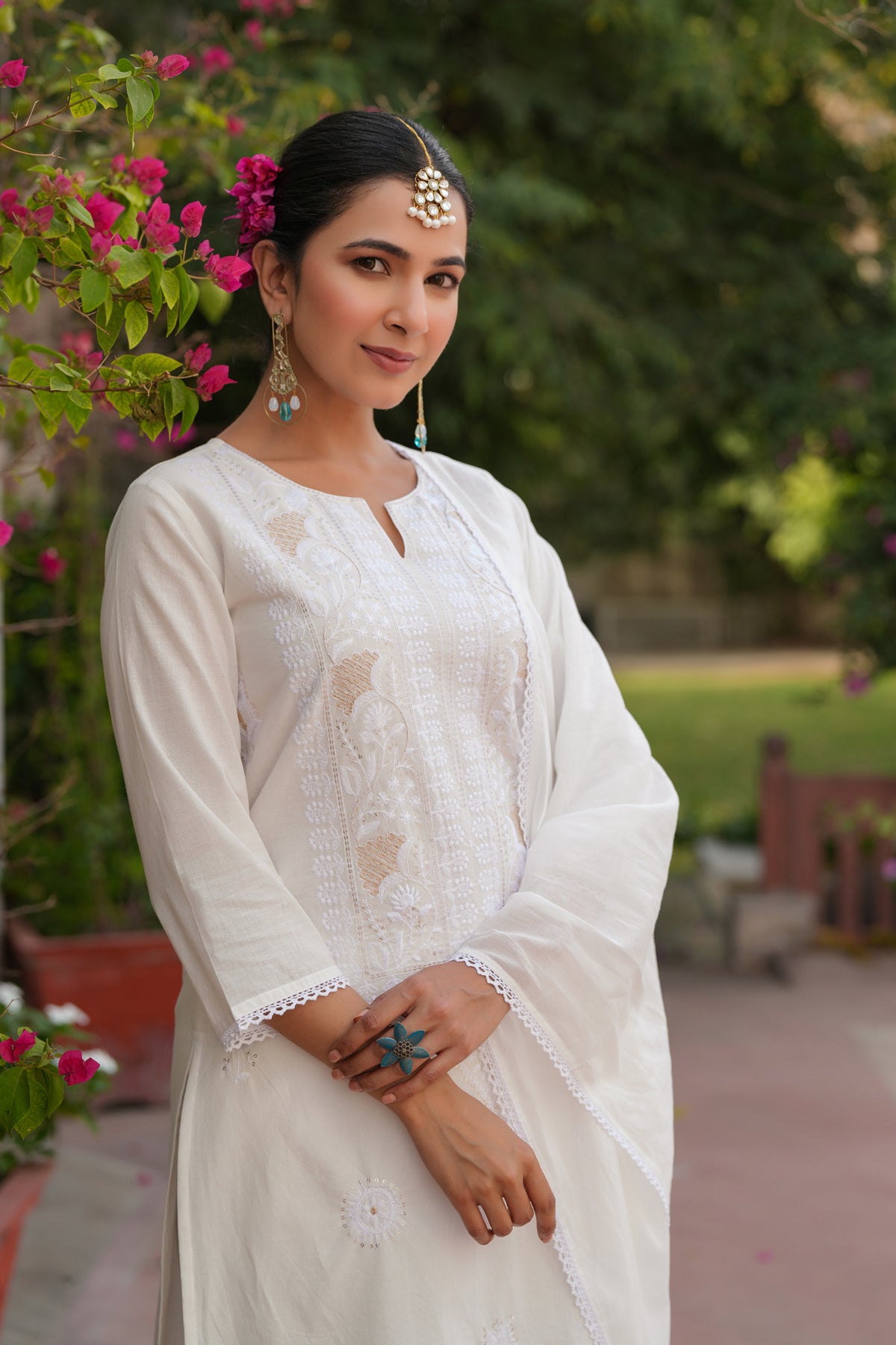 Off-White Cotton Cambric Chikankari Embroidered Straight Suit Set