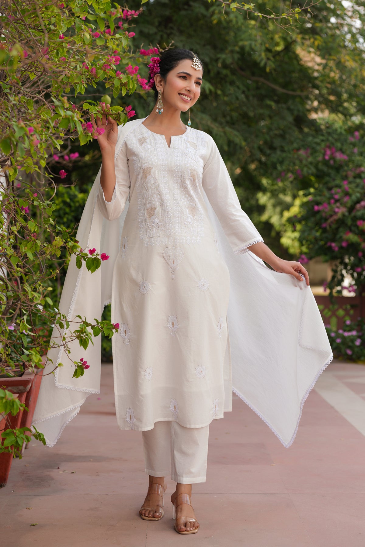Off-White Cotton Cambric Chikankari Embroidered Straight Suit Set
