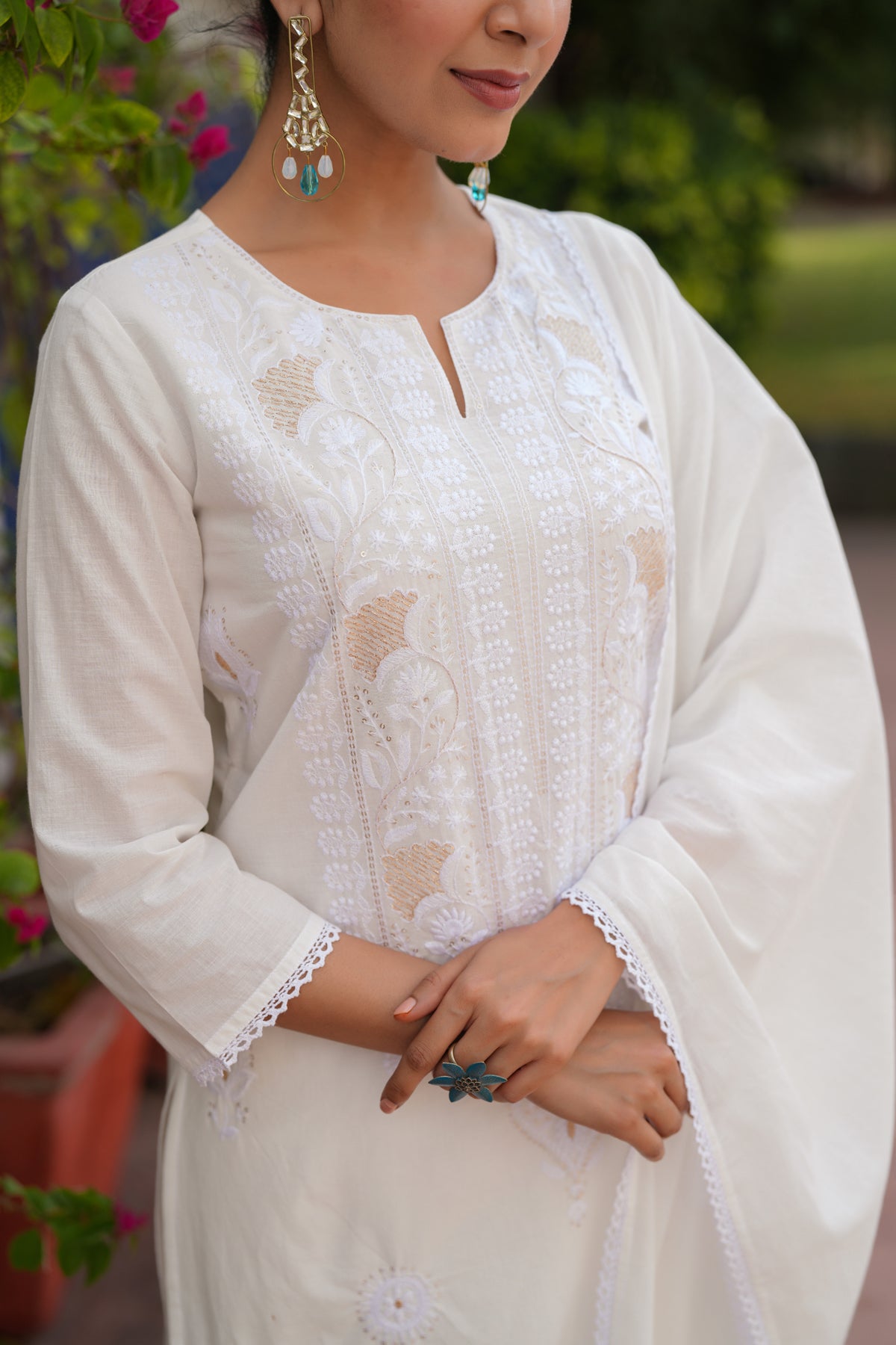 Off-White Cotton Cambric Chikankari Embroidered Straight Suit Set