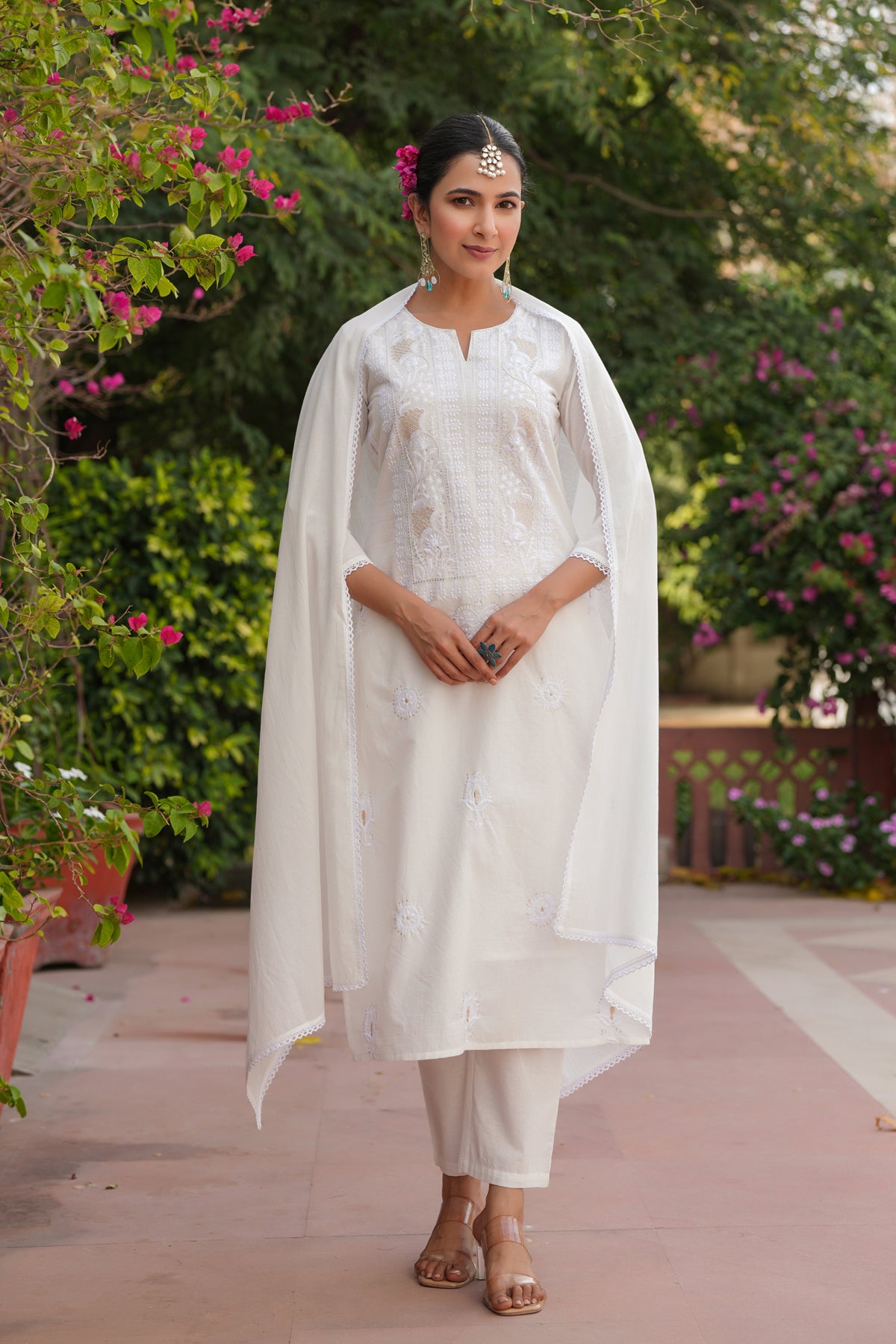 Off-White Cotton Cambric Chikankari Embroidered Straight Suit Set