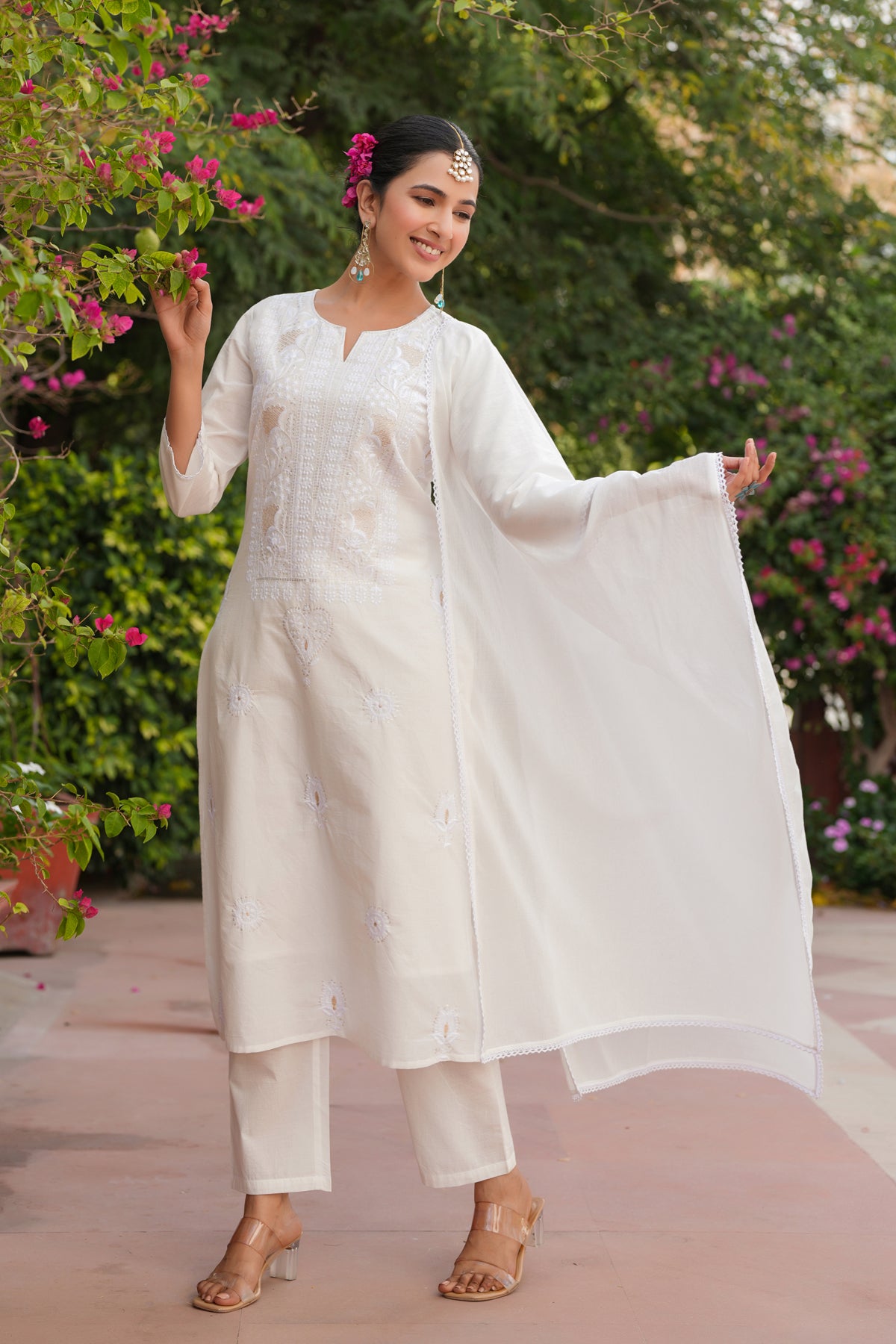 Off-White Cotton Cambric Chikankari Embroidered Straight Suit Set