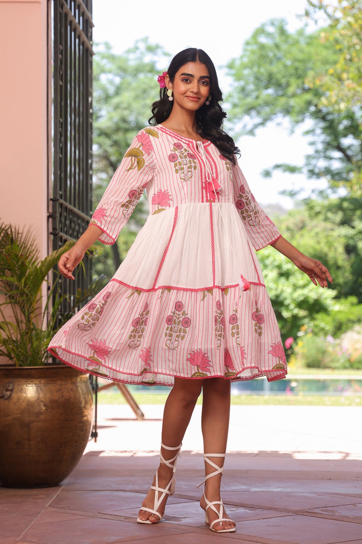 Pink Striped-Floral Cotton Block Printed Midi Tiered Dress