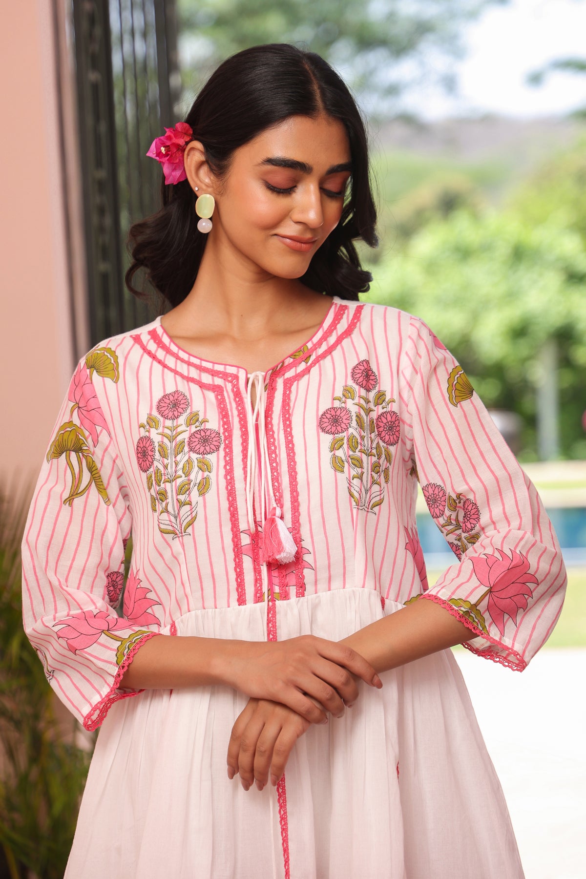 Pink Striped-Floral Cotton Block Printed Midi Tiered Dress